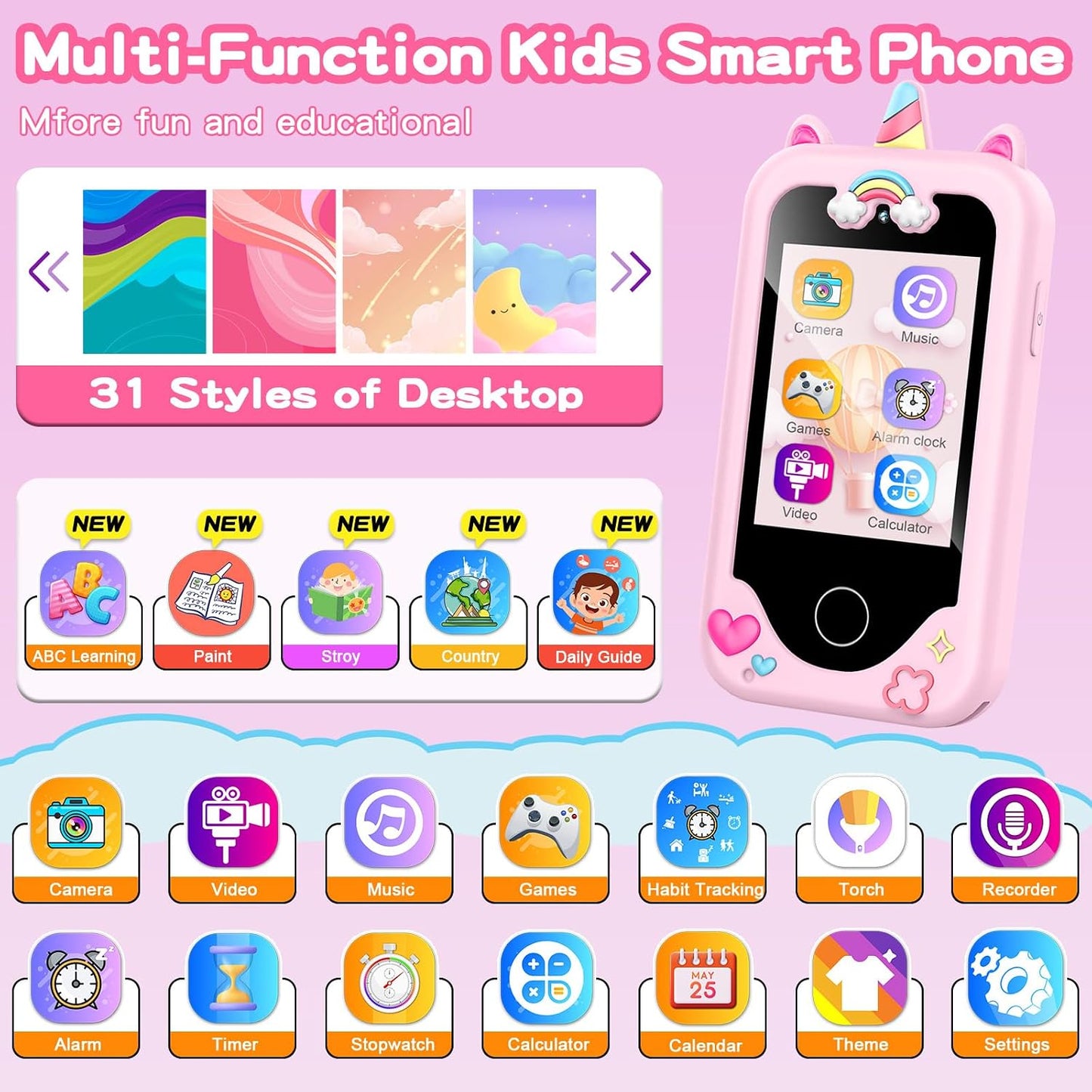 Hot Kids Smart Phone with Dual Camera, Game & Music Player, Toddler Learning Play Toy Cell Phone, Gifts for Girls, Christmas, Birthday, Age 3-10, Light Pink