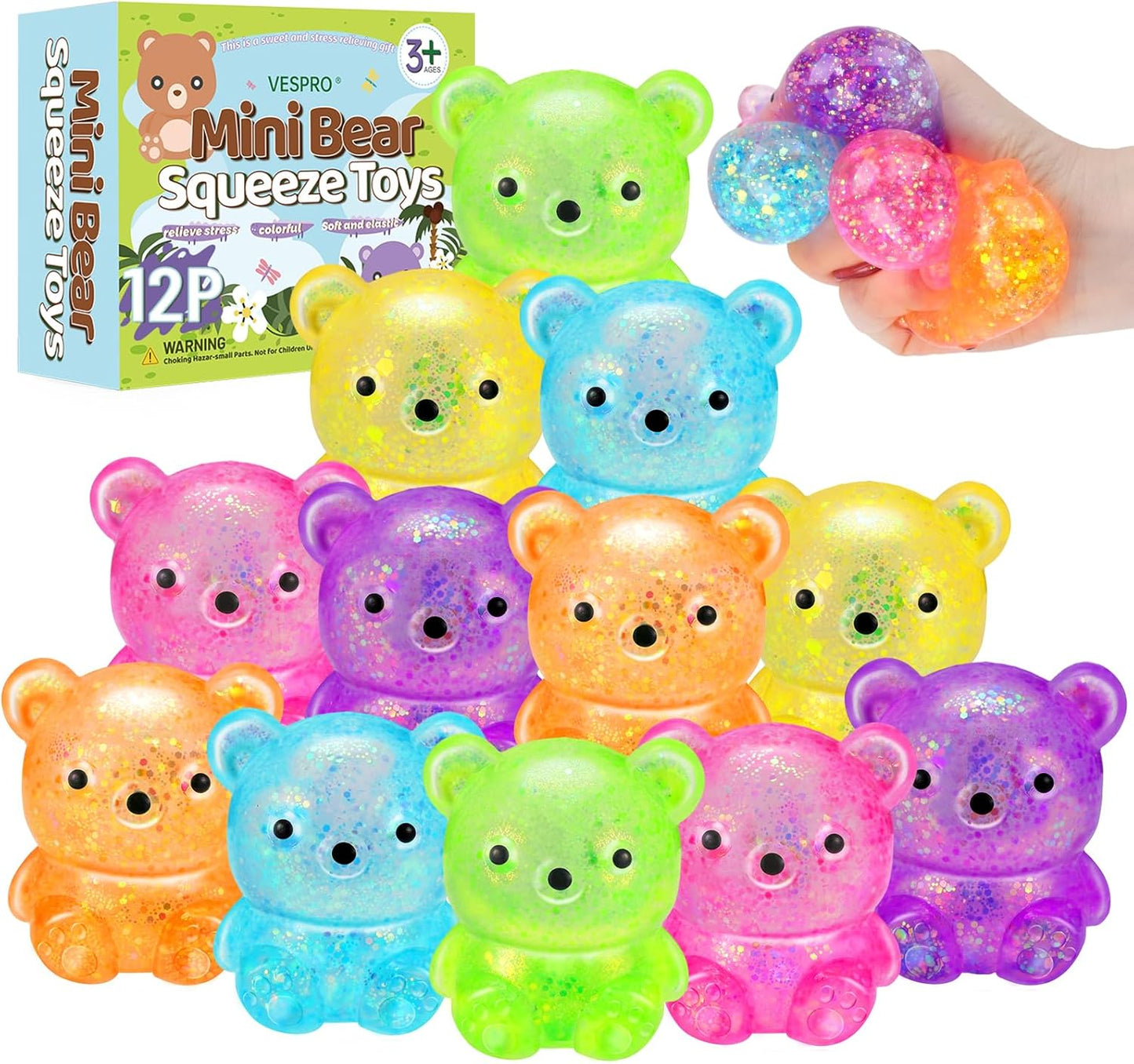 HotVESPRO 12Pack Fidget Toys Squishy ，Cute Bear Squeeze Ball | Bulk Squishy Fidget Squeeze Play Toys，Pull Stretch Classroom Prize Party Favors Toys for Kids