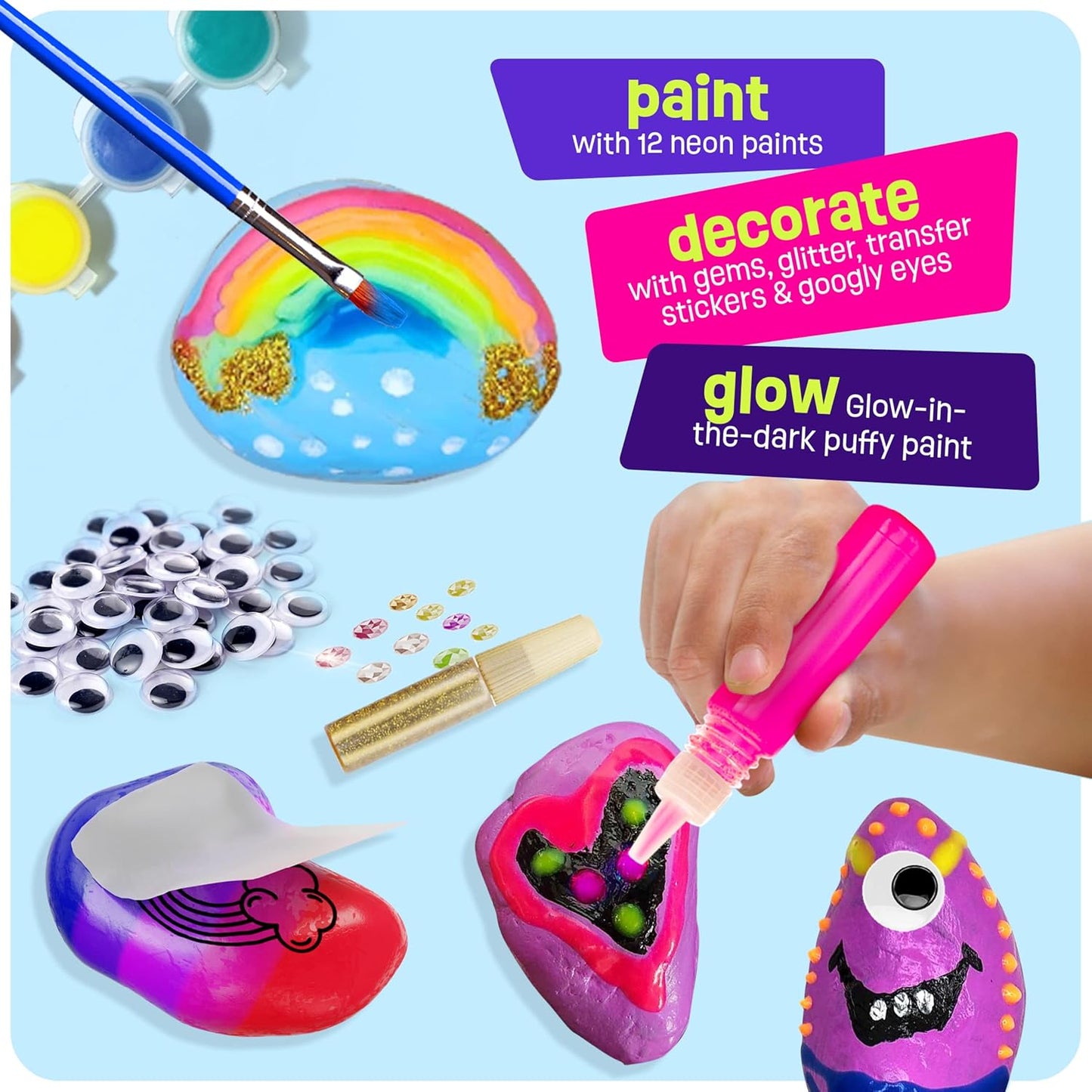 HotDan&Darci Kids Rock Painting Kit - Glow in The Dark - Gifts Arts & Crafts for Boys and Girls Ages 6-12 - Craft Activities Kits - Creative Art Toys for 6, 7, 8, 9, 10, 11 & 12 Year Old Kid