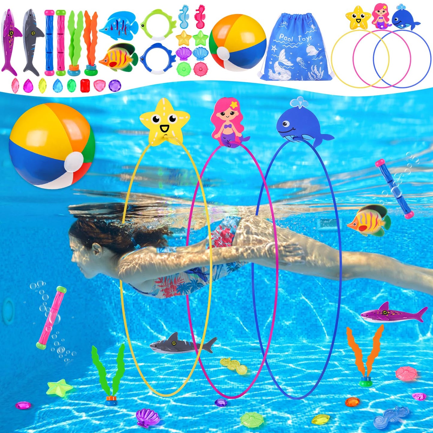 HotYUJUN 18PCS Pool Diving Swimming Toys, Summer Underwater Game Toys with Pool Fishes Dive Sticks Rings Gems Storage Bag for Kids Swim Birthday Party Favors