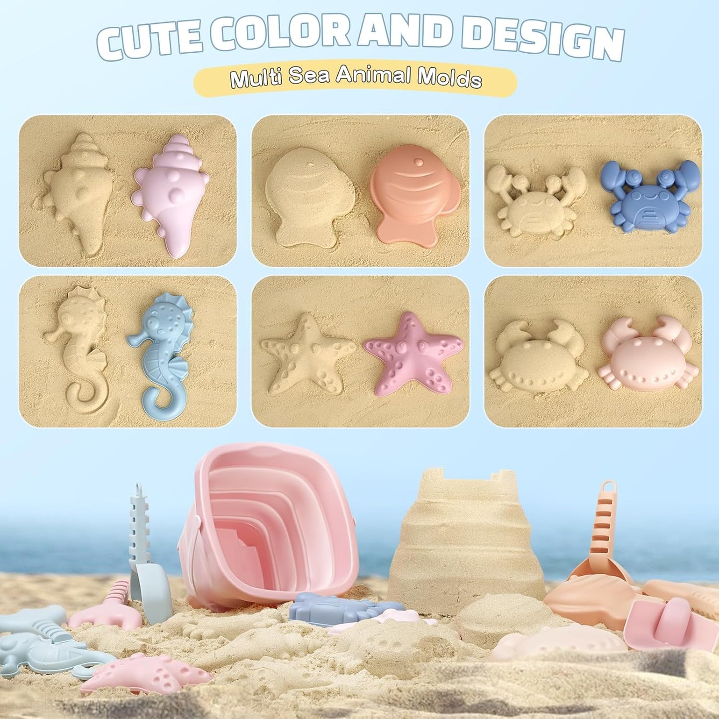 HotDreamon Beach Toys Set for Kids 3-10, Collapsible Sand Buckets with Beach Molds and Mesh Bag, 3 Pack Shovels Set Sand Toys for Beach, Sandbox Travel Toys for Toddlers Kids