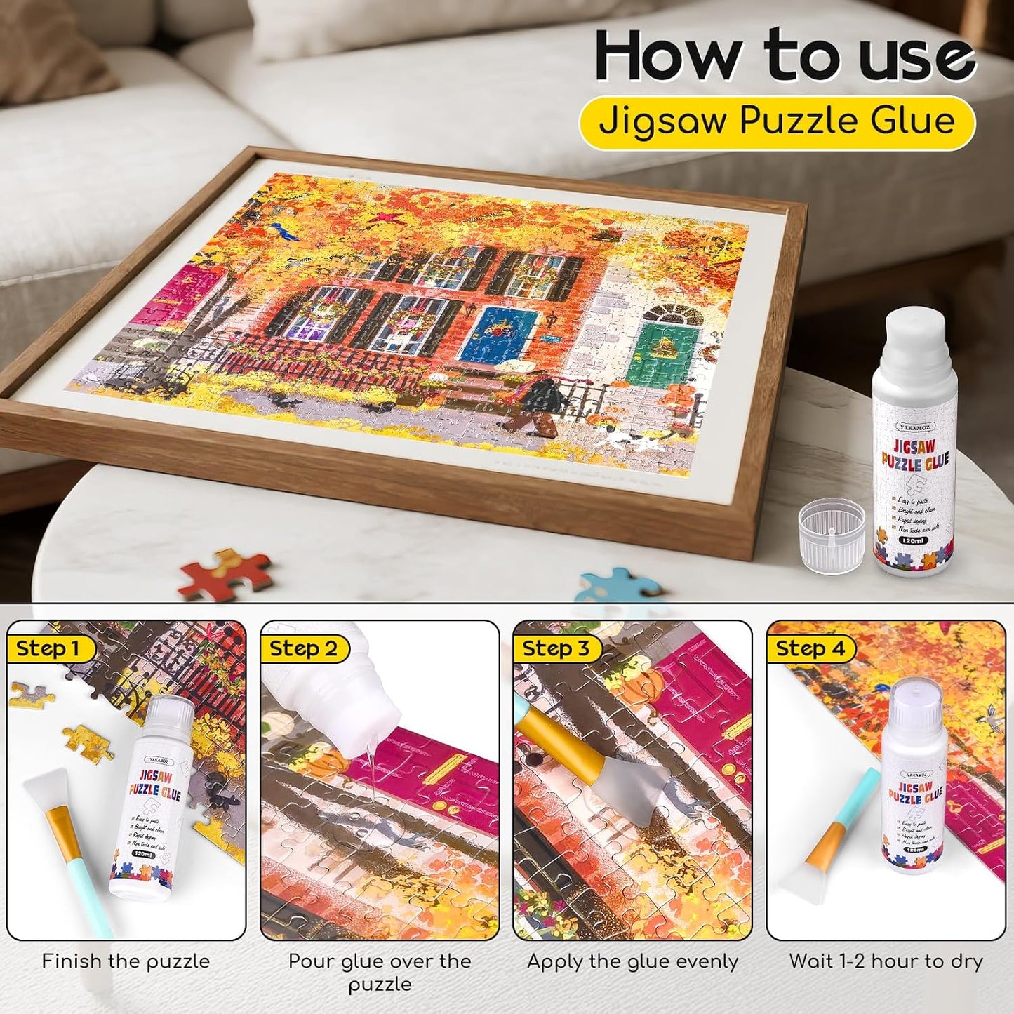 Hot YAKAMOZ Jigsaw Puzzle Glue with Sponge Head for Adults Clear Water-Soluble Craft Puzzle Glue Quick Dry for 1000/1500/3000 Pieces of Puzzle,120ML