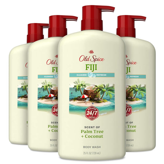 HotOld Spice Body Wash for Men, 24/7 Shower Fresh with Lasting Scent, Cleanse & Refresh, Gentle on Skin, Vitamin B3, Fiji with Palm Tree + Coconut Scent, 25 oz (Pack of 4)