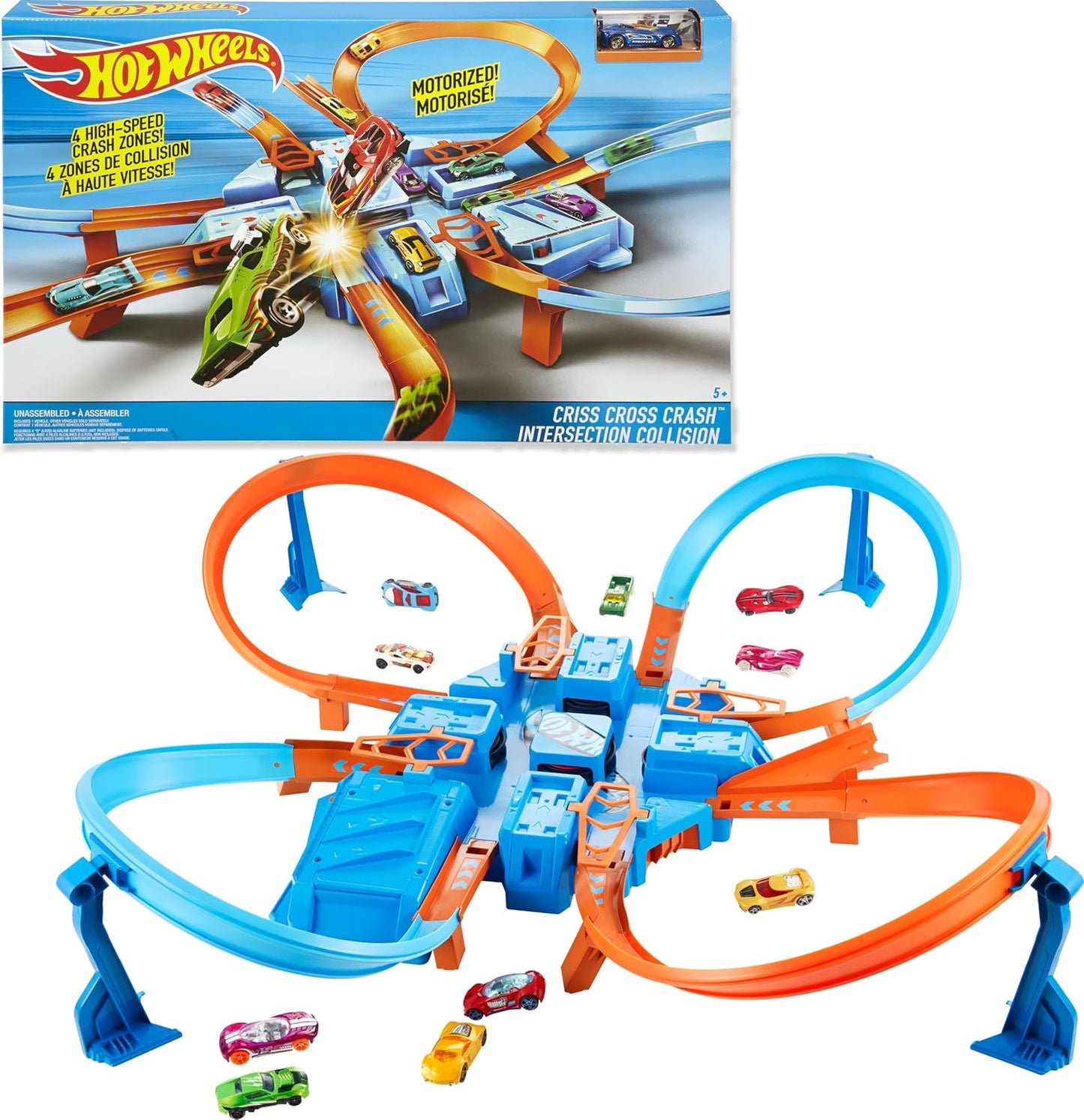 Hot Hot Wheels Track Set with 1:64 Scale Toy Car, 4 Intersections for Crashing, Powered by a Motorized Booster, Criss-Cross Crash Track (Amazon Exclusive) | Playset with 1:64 Scale Toy Car &4 Intersections for Crashing, Powered by a Motorized Booster (Ama