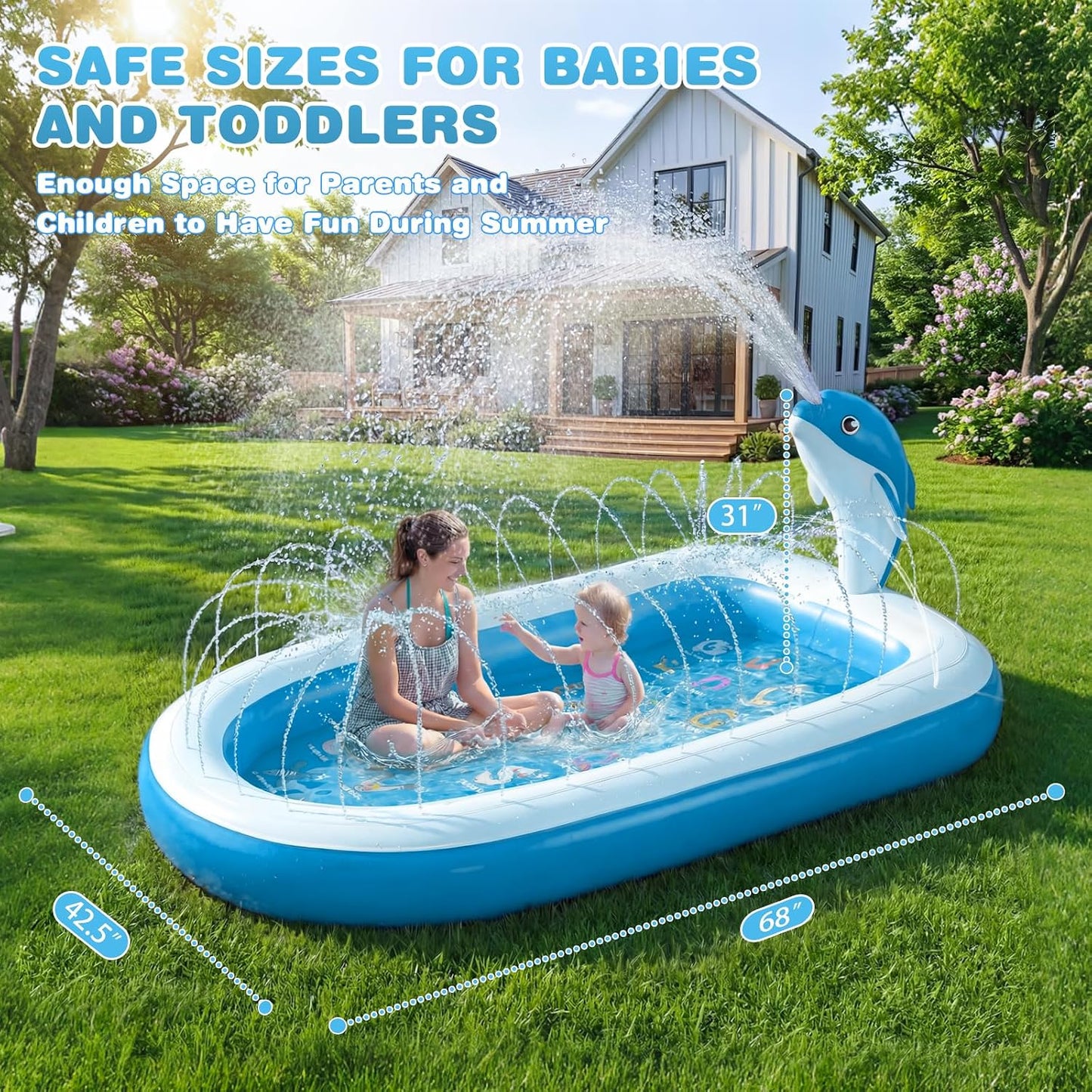 HotSplash Pads for Toddlers 1-3, Dolphin Toy Sprinkler for Kids, Outdoor Play Mat for Babies, 68" Backyard Inflatable Kiddie Pool, Splash Pad for Kids Ages 4-8, Birthday Gifts for 1 Year Old Boy Girl
