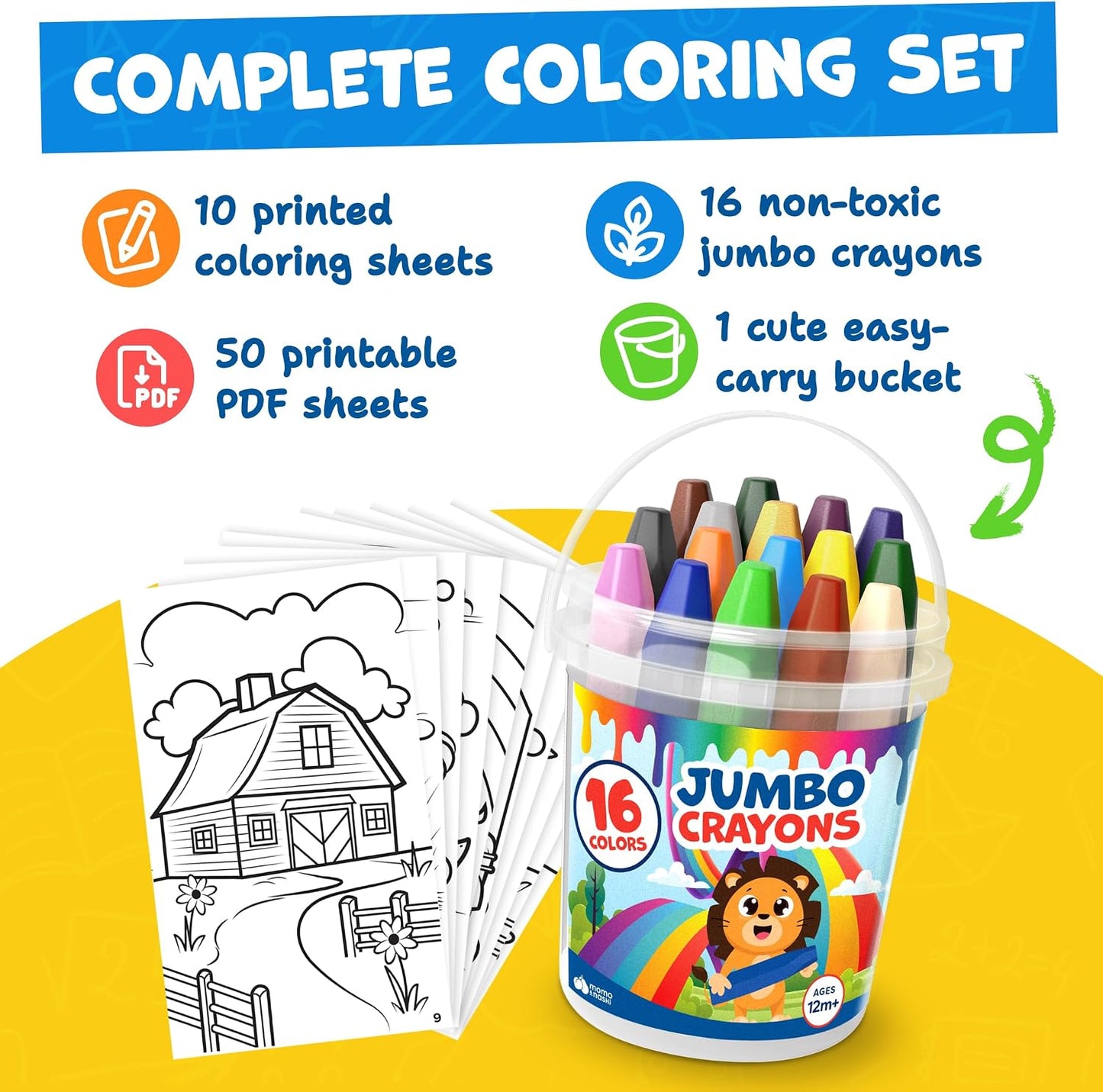 Hot Jumbo Crayons For Toddlers 1-3 - 16pc Toddler Crayons For Kids Ages 4-8 1-3 2-4 - With Printed & PDF Crayon Color Sheets - Non Toxic, Washable, Large & Easy To Grip - Toddler Coloring Art Supplies