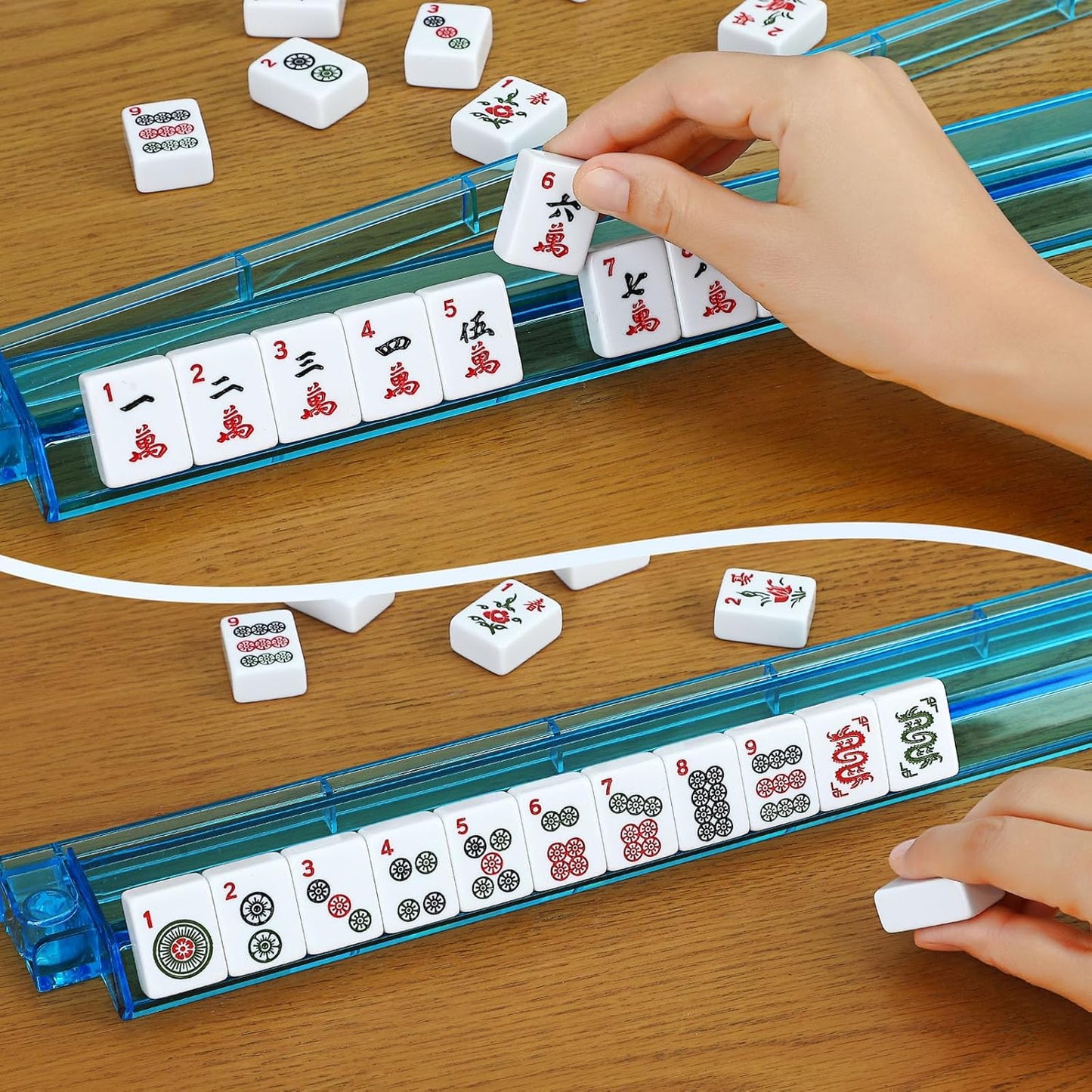 Hot American Mahjong Tile Set,166 White Tiles Mahjong Set,4 Colors Mahjong Racks,Travel Mahjong Set with Blue Carrying Bag