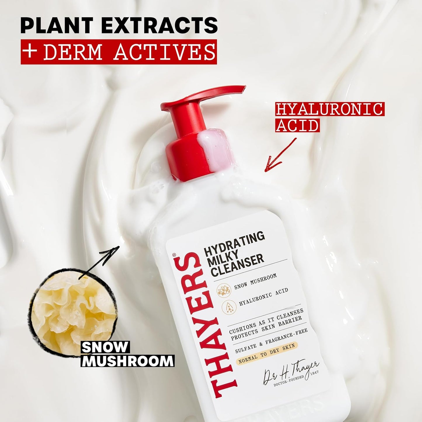 HotThayers Milky Hydrating Face Cleanser with Snow Mushroom and Hyaluronic Acid, Dermatologist Recommended Gentle Facial Wash and Hydrating Skincare for Dry and Sensitive Skin, Paraben Free, 8 Fl Oz