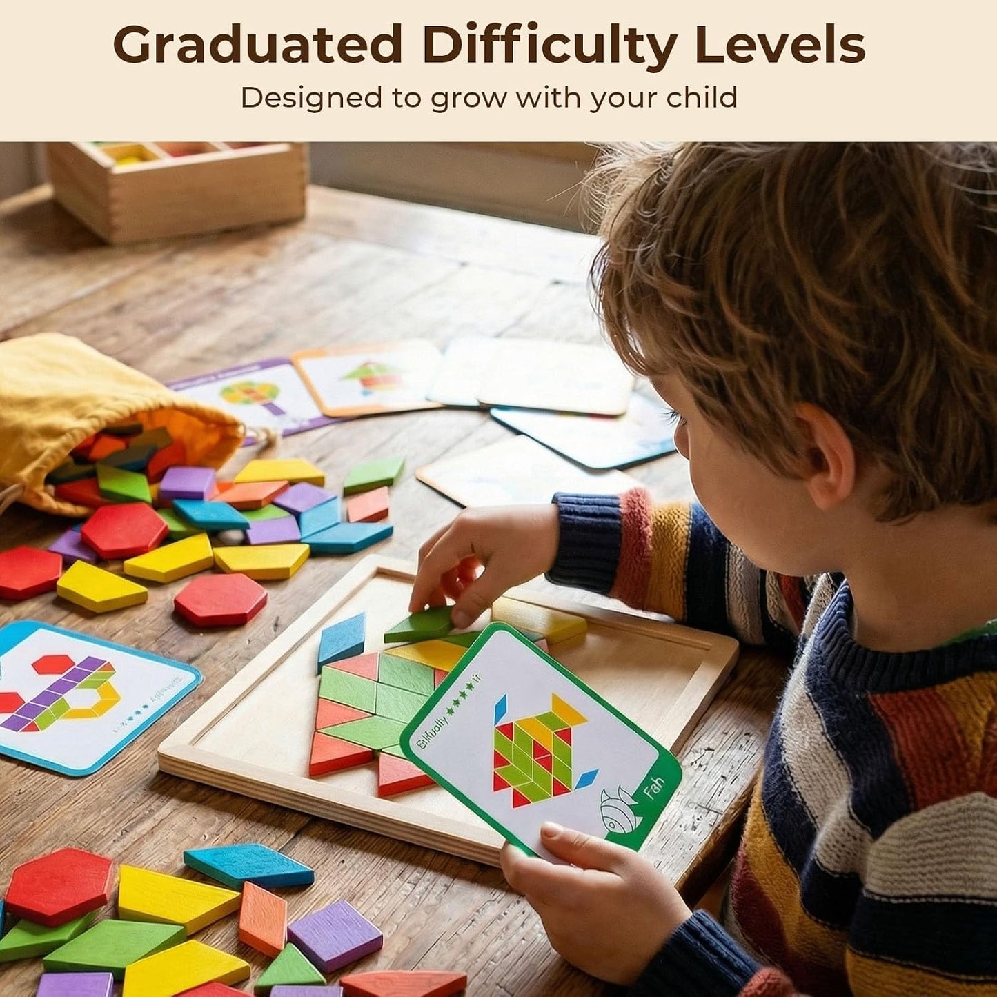 HotLovesTown 209 PCS Shapes Wooden Pattern Blocks for Kids, Geometric with Activity Cards and Storage Bag, Educational Tangram Puzzles,Great Learning Gift from Parents or Teachers