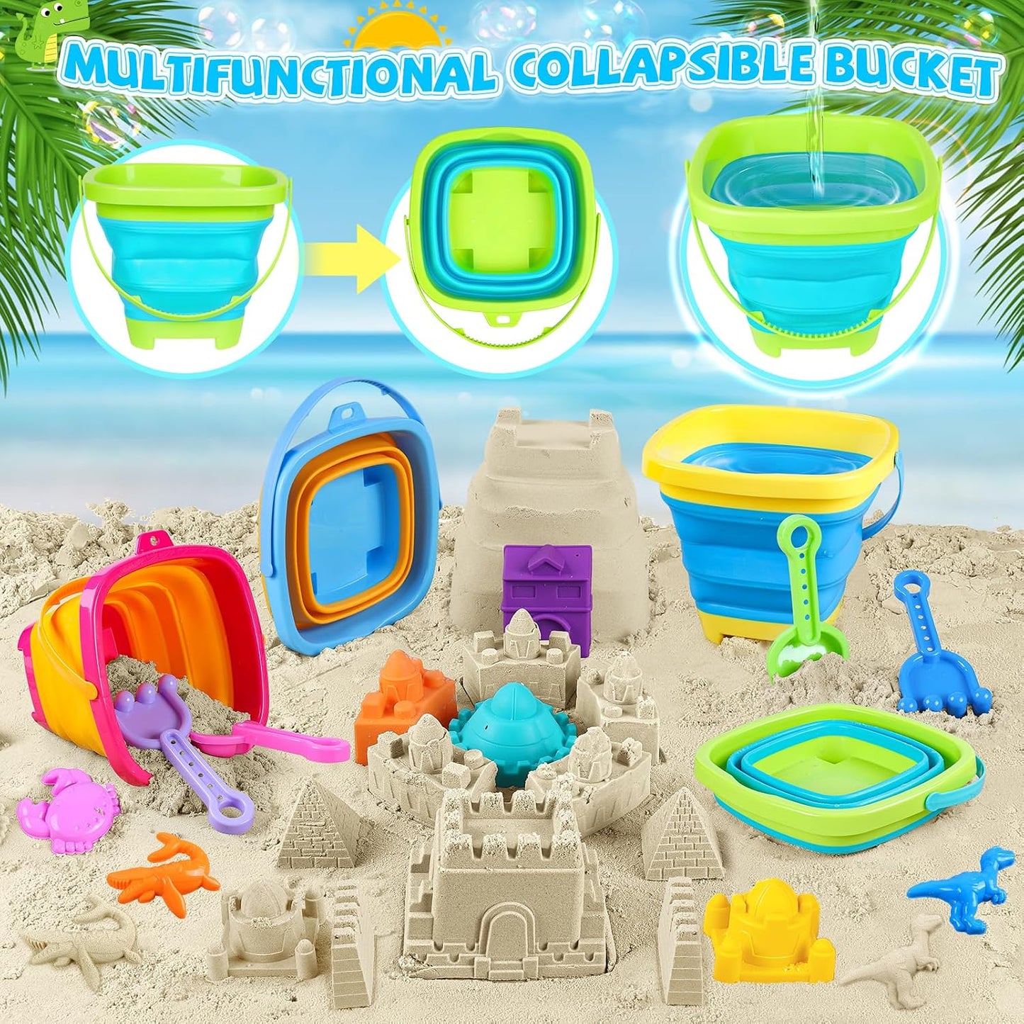 Hot FHOZGECY Beach Sand Toys, 4 Construction Vehicles, 4 Collapsible Buckets, Sand Castle Molds with Travel Mesh Bags, Sandbox Play Set for Kids Ages 3-12, Multi‑Scene Play for Outdoor Summer Beach Games