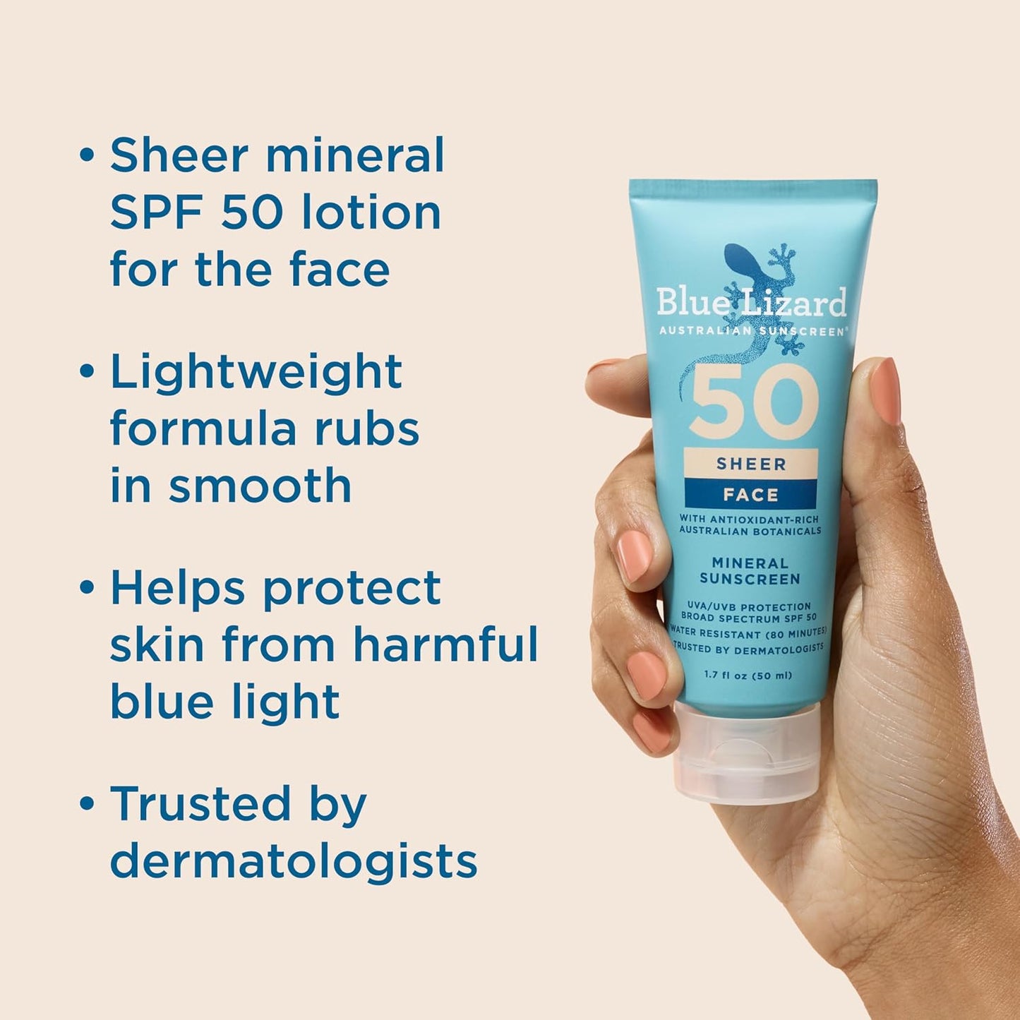 HotBlue Lizard Sheer Face Mineral SPF 50 Sunscreen Lotion, 100% Mineral Formula, Blue Light Protection, Lightweight, Rubs In Smooth, Nourishes and Hydrates, Paraben-Free, Fragrance-Free, 1.7 fl oz