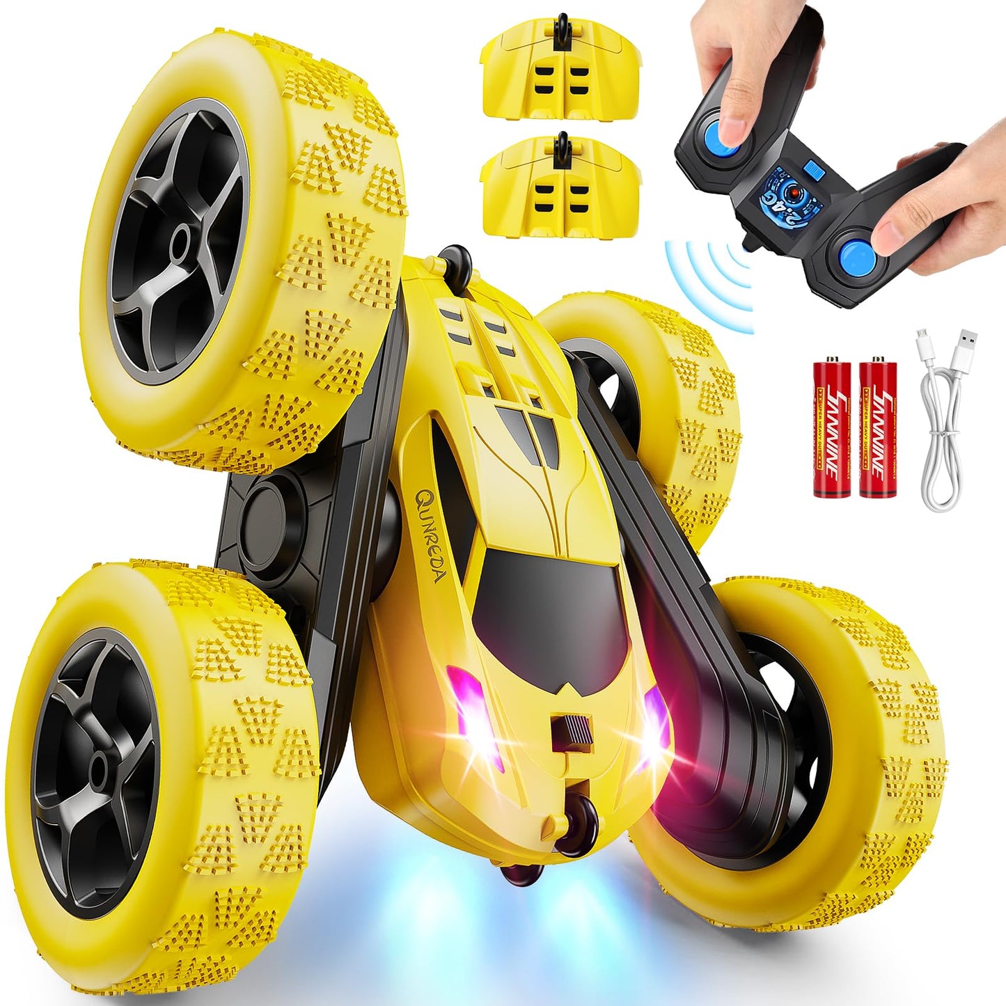 HotQUNREDA Remote Control Car, RC Cars Toys for Kids Ages 6-12, 4WD Stunt Car with LED Lights & 360° Flips, 2.4GHz, Upgraded USB-C Modular Batteries, 8-10 Year Old Boys Birthday Gift 1-Blue