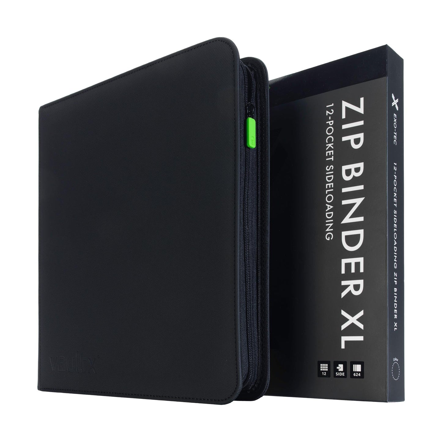 Hot Vault X 12 Pocket Zip Trading Card Binder 480 Cards Exo-Tec (Black) | Holds 480 standard-size TCG cards in 20 side-loading 12-pocket pages. Padded, water-resistant Exo-Tec cover.