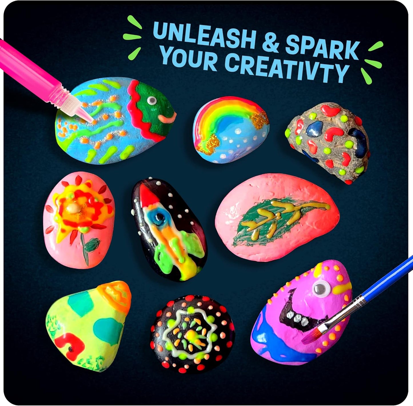 HotDan&Darci Kids Rock Painting Kit - Glow in The Dark - Gifts Arts & Crafts for Boys and Girls Ages 6-12 - Craft Activities Kits - Creative Art Toys for 6, 7, 8, 9, 10, 11 & 12 Year Old Kid
