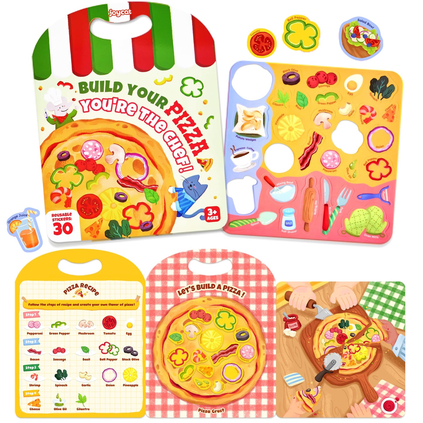 HotJoyCat Reusable Sticker Book Set (3-Pack): Farm, Pizza-Making, Weather - 90 Pcs Stickers for Toddlers, Kids Sticker Activity Book, Road Trip Travel Toys, Birthday Gifts for Boys and Girls
