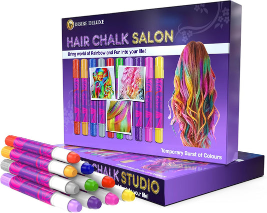 HotDesire Deluxe Girls Gifts Hair Chalk - 10 Temporary Washable Color Pens for Kids, Teenage, Make Up & Dress Up Colourful Styles Set Toy for Christmas, Birthday, Halloween Accessories, Party Activities