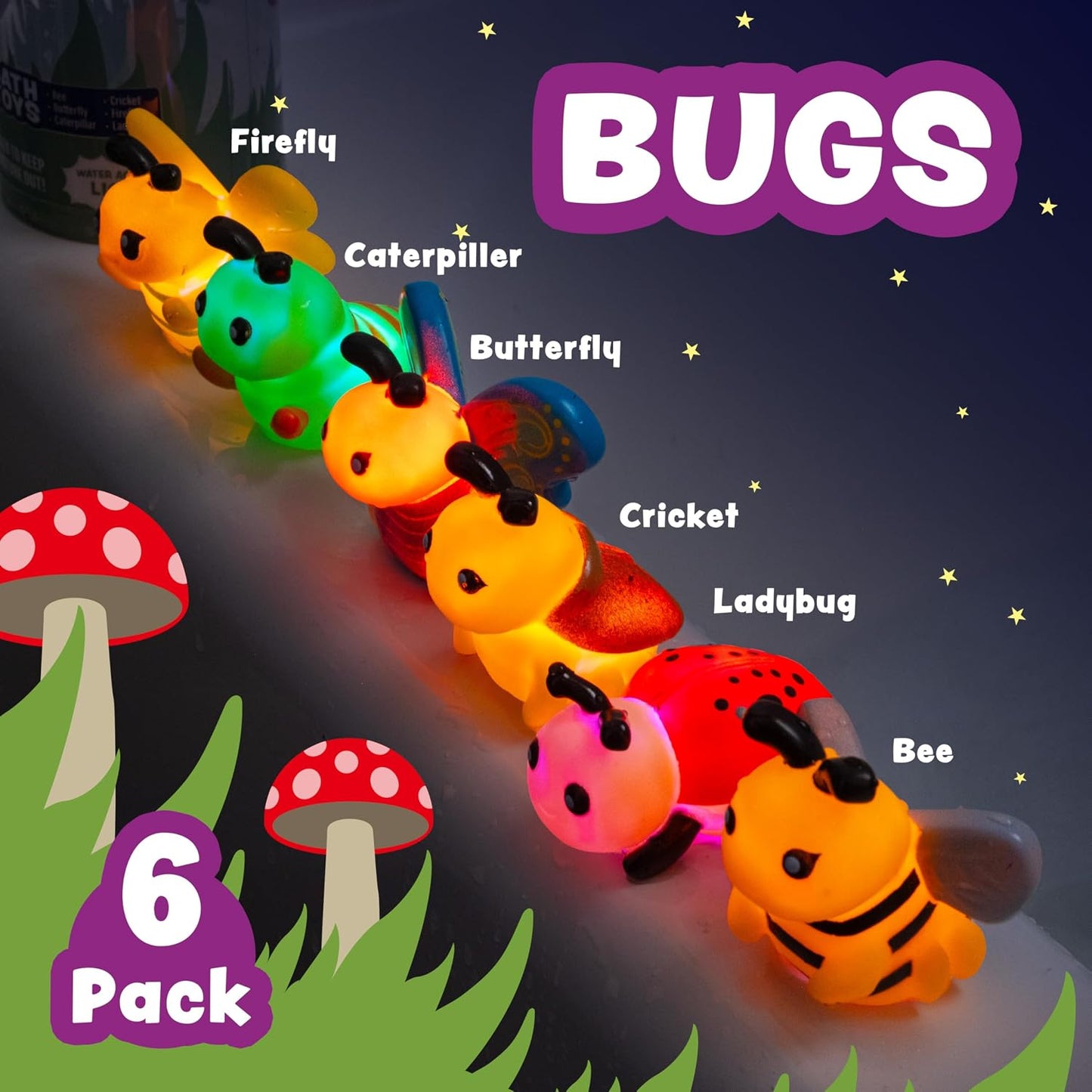 HotTub Works® Bugs™ Light Up Bath Toys, 6 Pack | Water-Activated Light Up Toys Flash & Change Color | Easy-Grip Baby Girl & Toddler Bath Toys | Glow Bugs for Kids | Sensory Bathtub Toys with Bath Lights