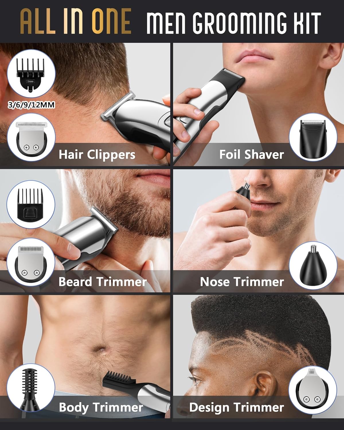 HotUfree Beard Trimmer for Men, Waterproof Electric Razor, Grooming Kit | Stainless steel blades, six interchangeable heads, wet and dry use, USB rechargeable, for face body nose ear trimming, silver