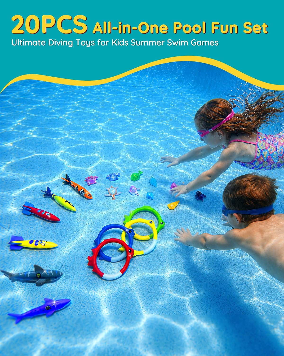 Hot20Pcs Summer Pool Diving Swimming Toys for Kids Ages 3-12, Fun Swim Games Sinking Set, Underwater Dive Gifts with Storage Bag Include Torpedo Gems Shark Rings Sea Animals for Boys Girls