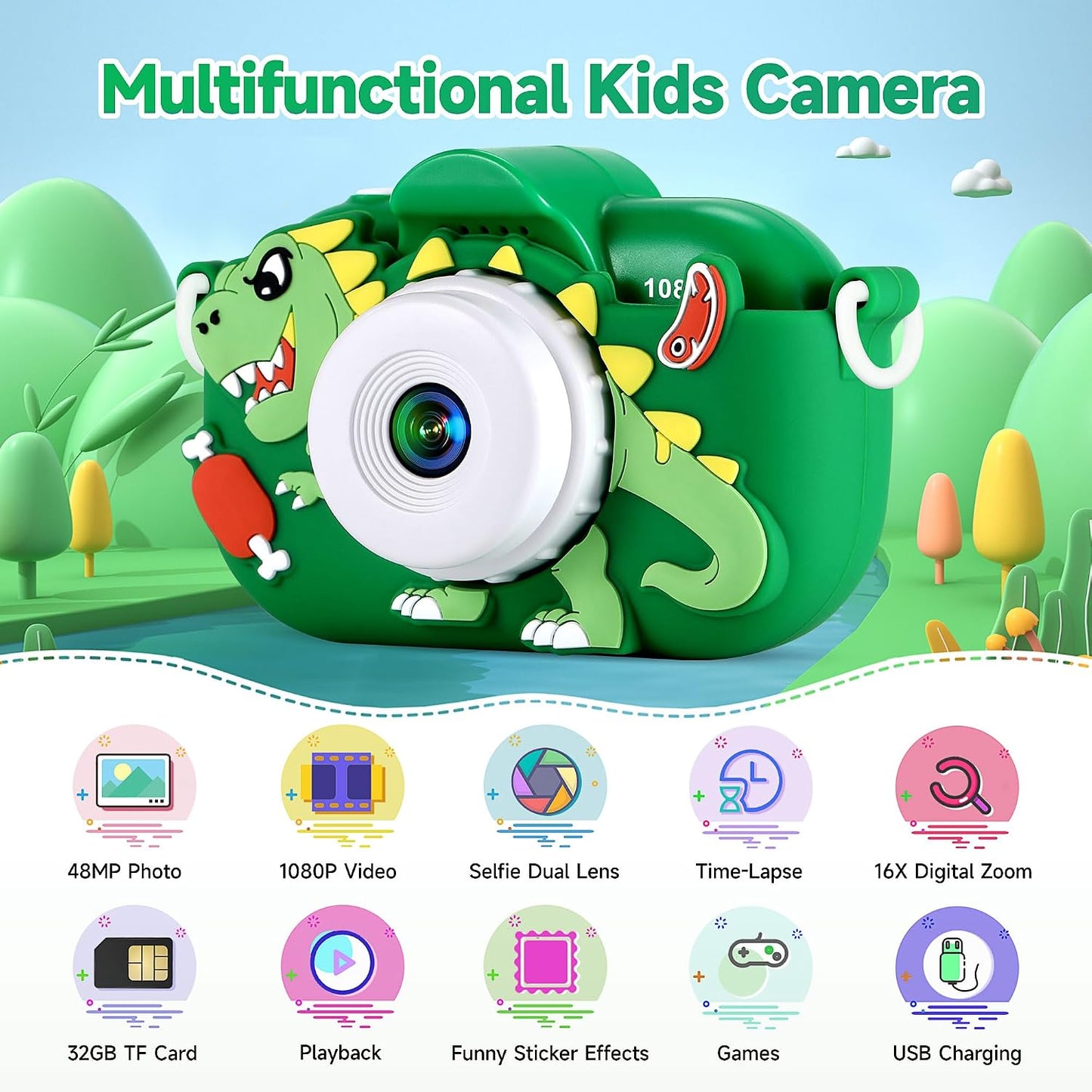 Hot Kids Camera Boys Toys for 3 4 5 6 7 8 9 Years Old Boys, 48MP Dual Lens Kids Digital Camera Christmas Birthday Gifts, 1080P HD Video Selfie Toddler Camera with 32G SD Card