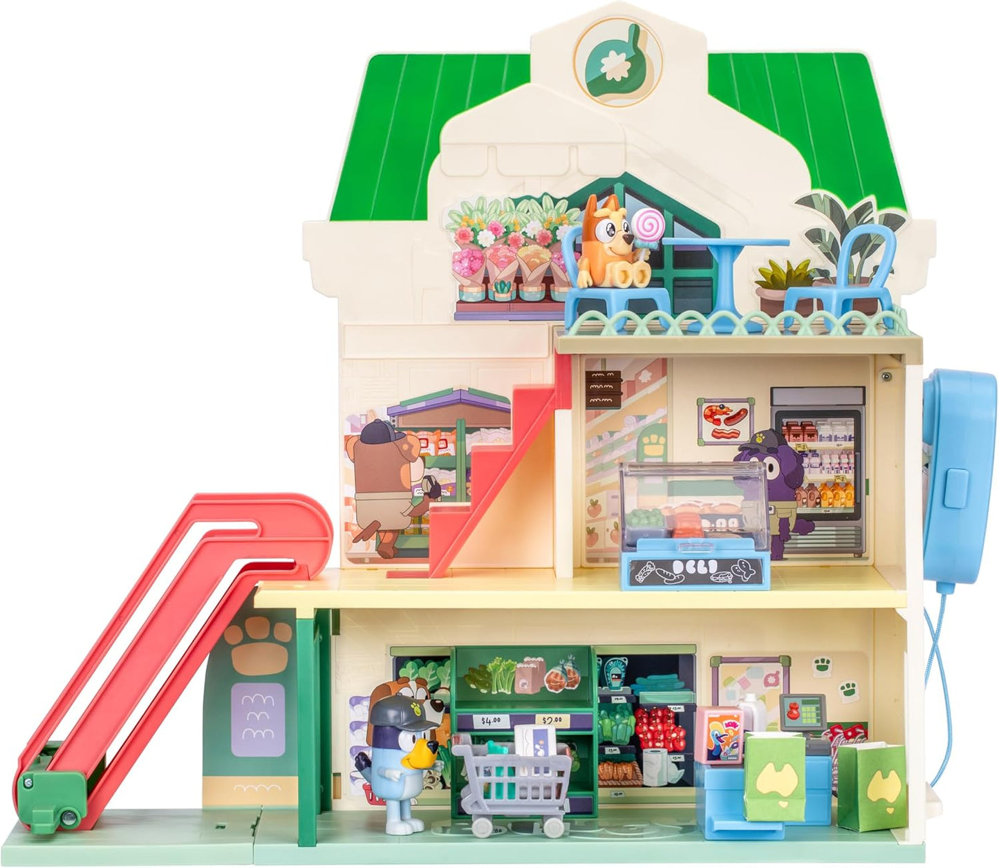 HotBluey and Bingo Supermarket Playset, Escalator & Sounds, 15 Pieces | 3 interactive levels, rooftop café, 24 sound effects, exclusive Bingo & Bluey figures; pretend play for kids ages 3+