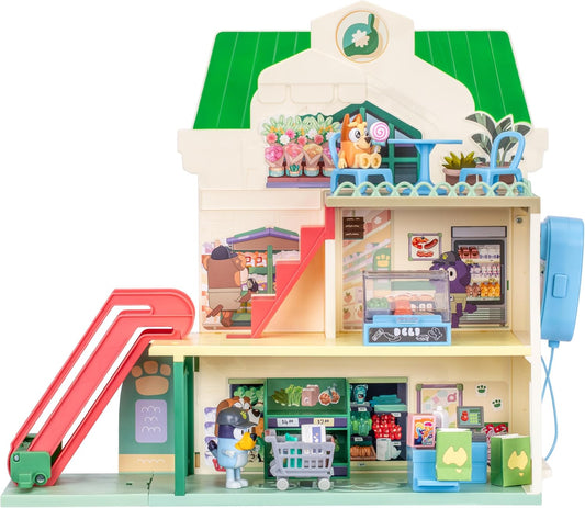 HotBluey and Bingo Supermarket Playset, Escalator & Sounds, 15 Pieces | 3 interactive levels, rooftop café, 24 sound effects, exclusive Bingo & Bluey figures; pretend play for kids ages 3+