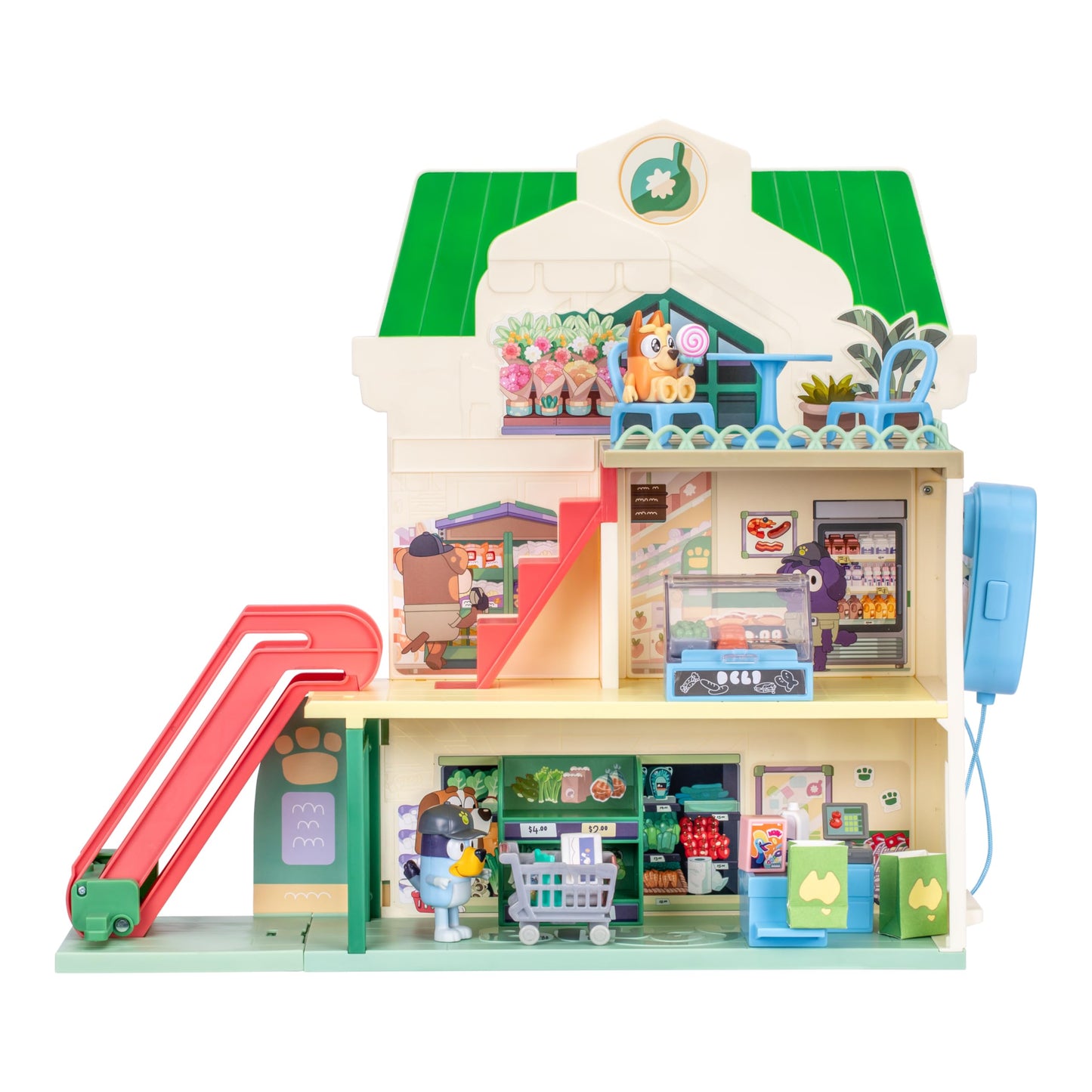 HotBluey and Bingo Supermarket Playset, Escalator & Sounds, 15 Pieces | 3 interactive levels, rooftop café, 24 sound effects, exclusive Bingo & Bluey figures; pretend play for kids ages 3+