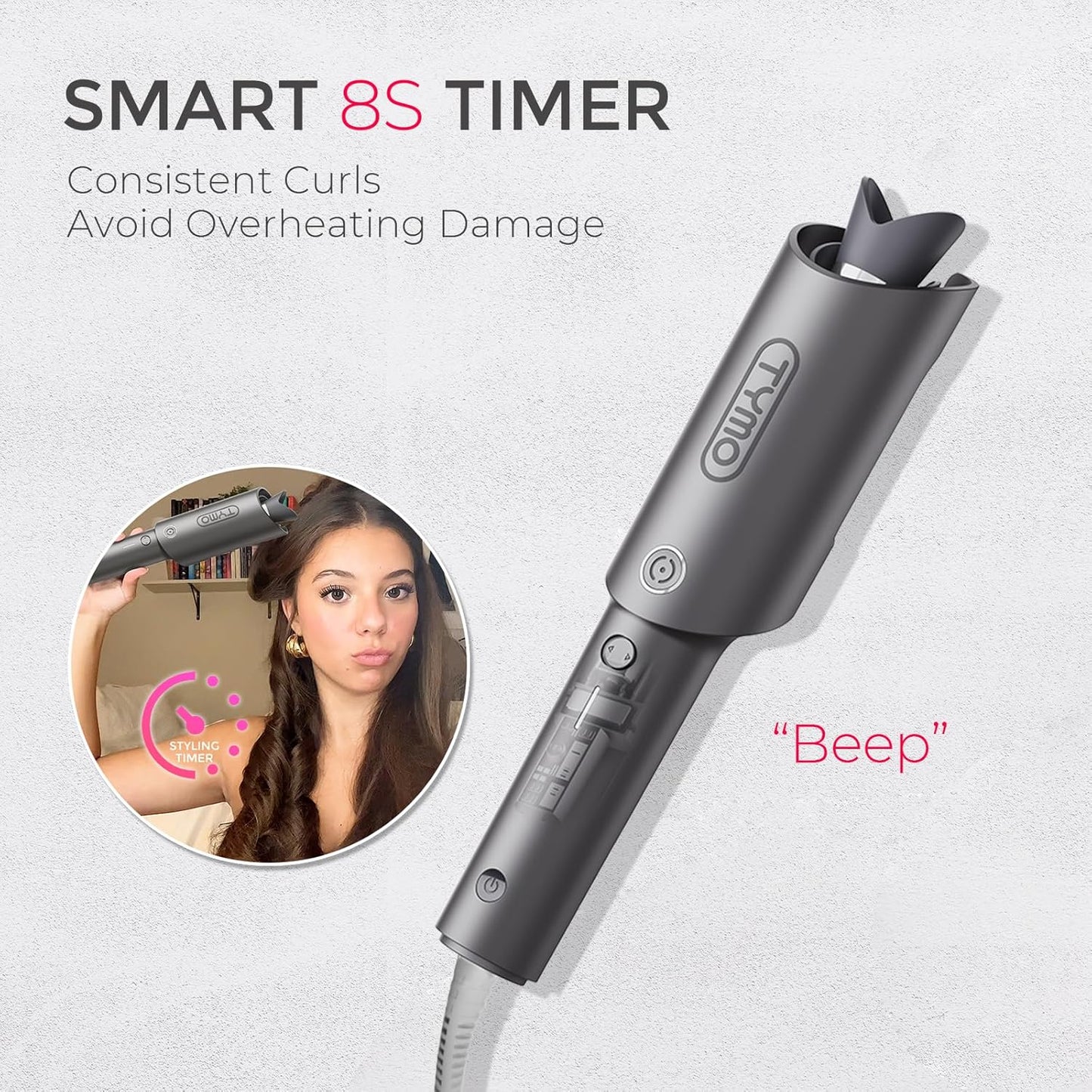 HotTYMO Automatic Rotating Curling Iron - TYMO CURLPRO Beach Waves Curling Wand, Portable Hair Curler, 500 Million Ionic, Dual Voltage & Lightweight for Travel, Ceramic Coating, 1 Inch, Metallic Gray