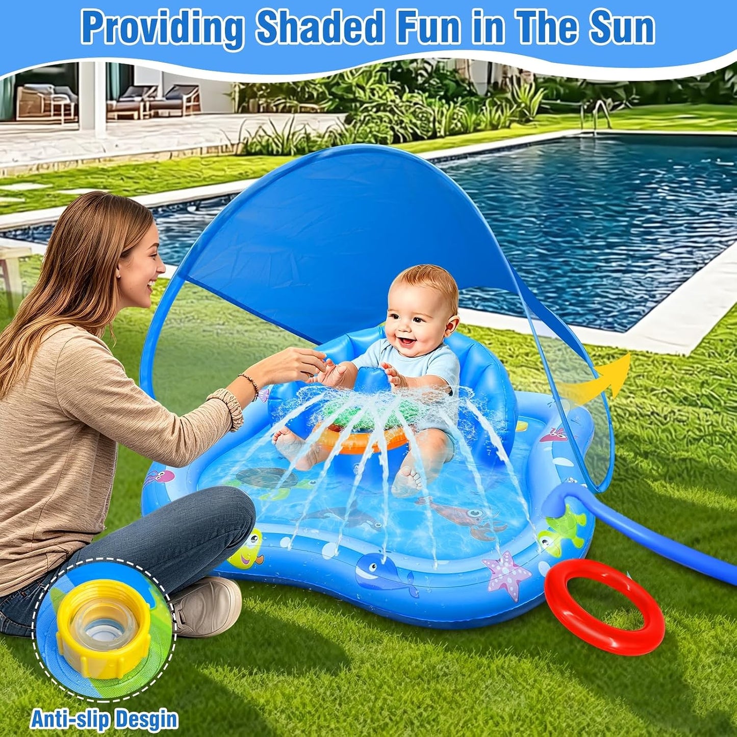 Hot iGeeKid Baby Play Mat with Sprinkler, Inflatable Baby Pool Float with Canopy Backrest & Stackable Rings Water Sprinkler for Kids, Outdoor Water Play Toys for Toddlers Backyard Swimming Water Games