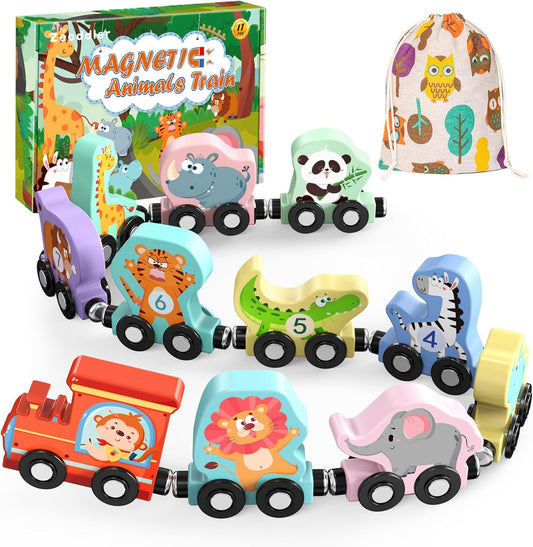 Hot Zeoddler Toys for Toddlers, 11 Magnetic Wooden Animals Train Set, Montessori Toys for Toddlers, Preschool Learning Activities for Kids, Birthday Gifts for Boys, Girls