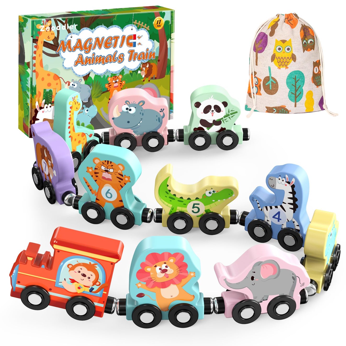 Hot Zeoddler Toys for Toddlers, 11 Magnetic Wooden Animals Train Set, Montessori Toys for Toddlers, Preschool Learning Activities for Kids, Birthday Gifts for Boys, Girls