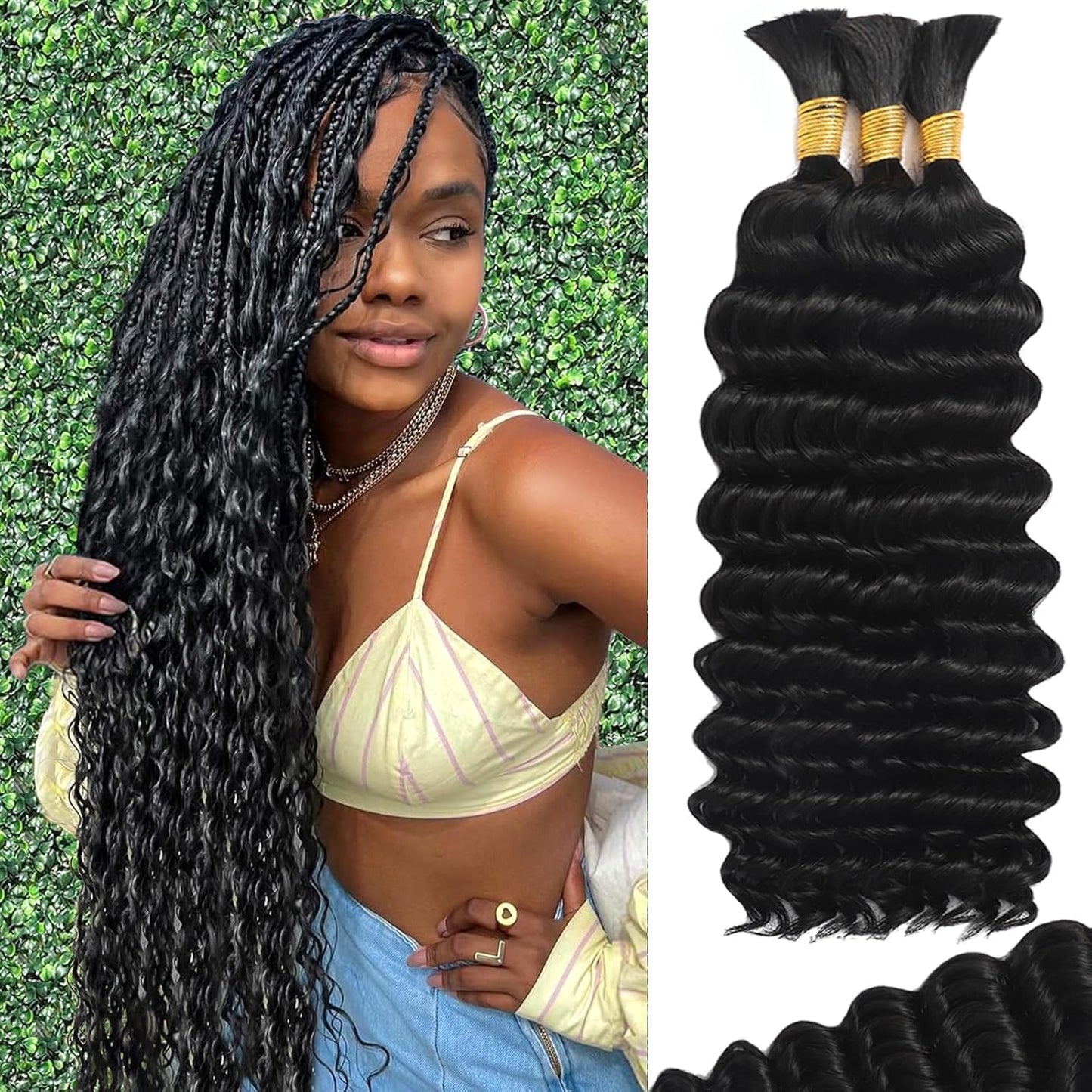 HotMOTFIN Human Braiding Hair for Boho Braids 20 Inch Curly Wave Bulk Bundles | 110g Boho Hair for Braiding, 12A 100% Virgin, Long-lasting, Tangle Free, Deep Wave, Knotless Bohemian Braid, Natural Color