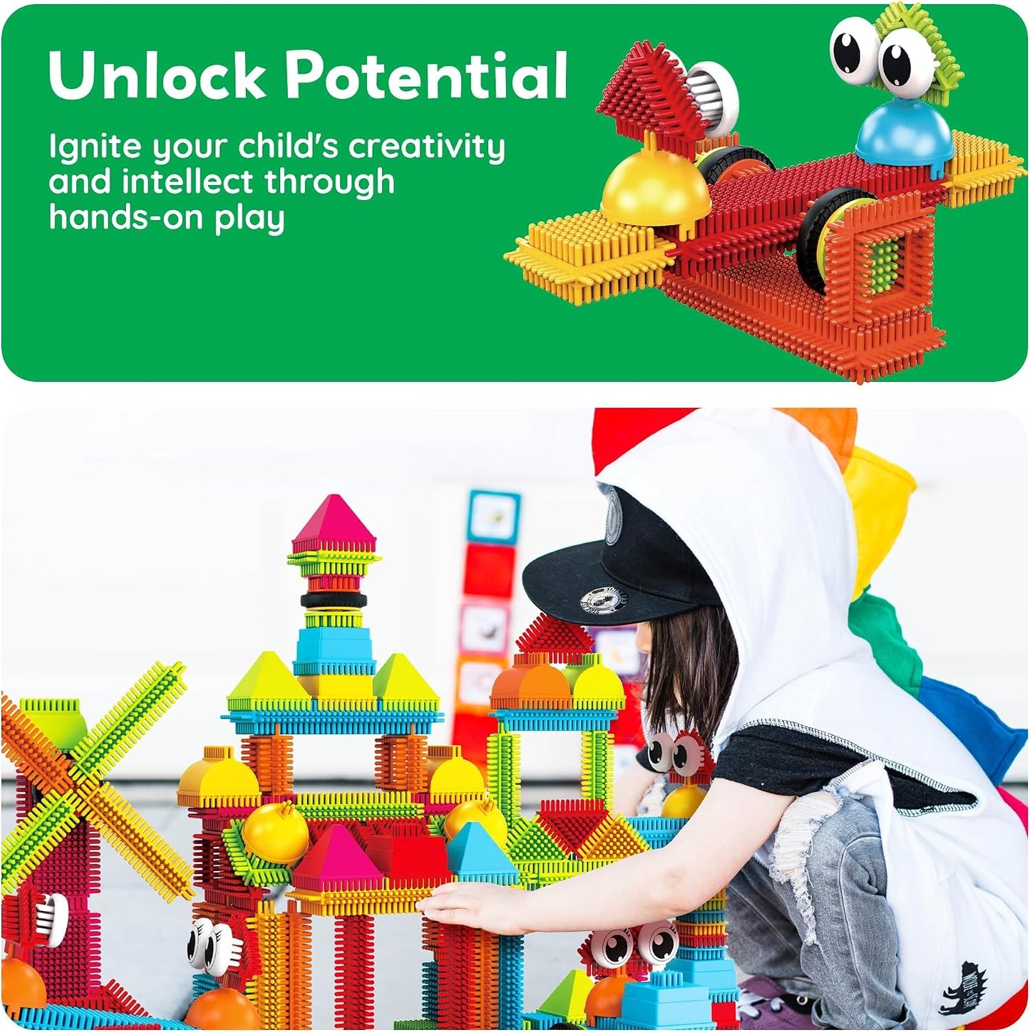 HotPicassoTiles 120pcs Hedgehog Interlocking Building Blocks Tiles Construction Toy Set Learning Playset STEAM Development Preschool Kindergarten Toy for Kids Age3+ PTB120 | Soft rubbery texture, easy-connect forms, BPA-free & lead-safe material, 20+ 3D d