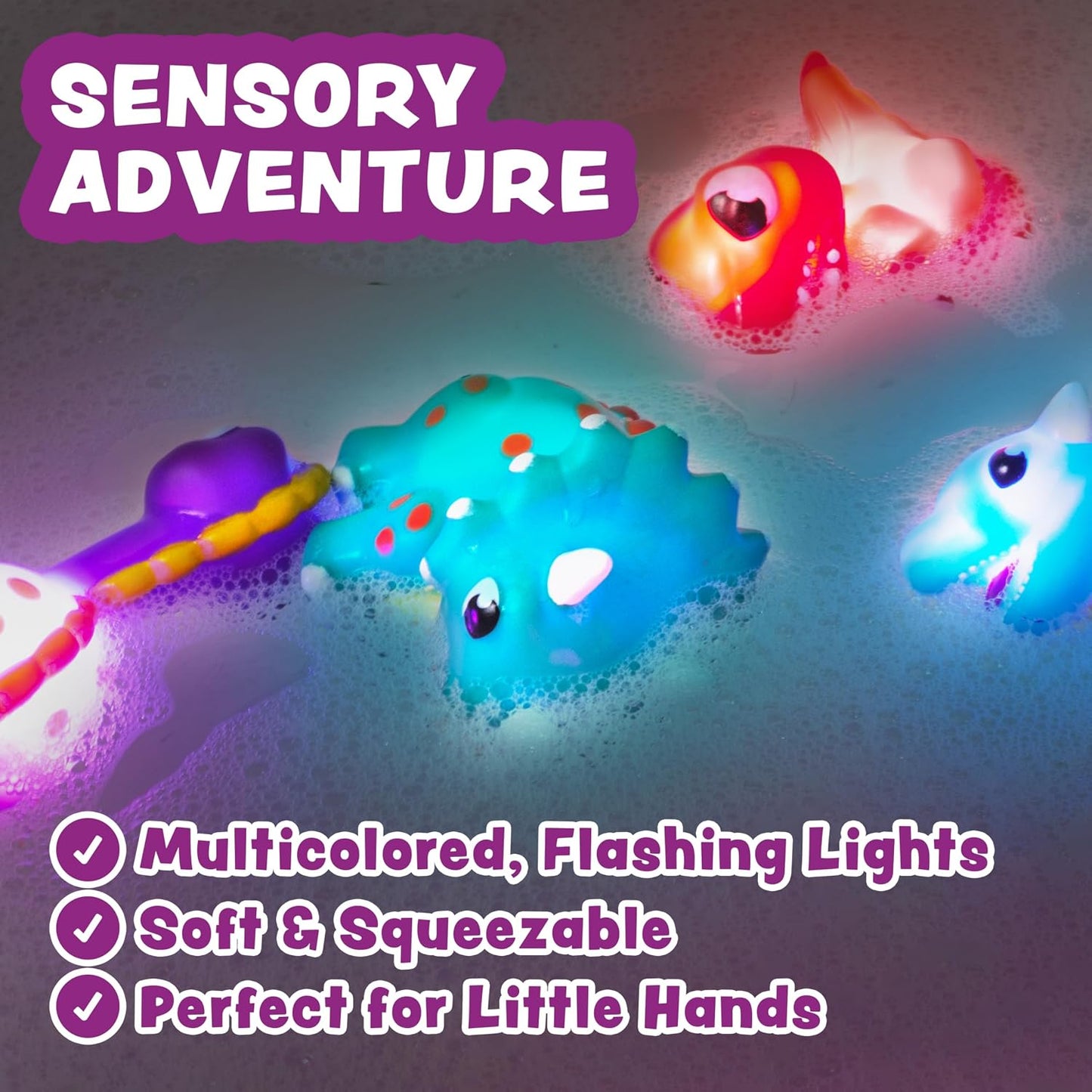 HotTub Works® Dinos™ Dinosaur Light Up Bath Toys, 6 Pack | Water-Activated Light Up Toys Flash & Change Color | Easy-Grip Baby & Toddler Bath Toys | Sensory Bath Lights Watertight Bathtub Toys