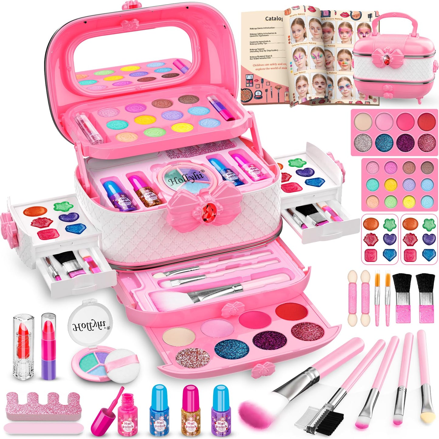 HotHollyhi 58 Pcs Kids Makeup Kit for Girl, Princess Toys Real Washable Cosmetic Set with Mirror, Kids Makeup Sets for Girls, Play Make Up Birthday Gifts for 3 4 5 6 7 8 9 10 11 12 Years Old Kid (Rose)