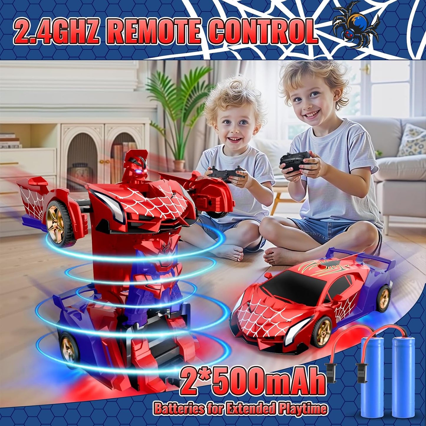 HotSpider Transform RC Cars Toys with Eye & Underbody Lights, 2.4GHz Remote Control Car One-Button Deformation, Fast 360°Rotation Robot Toys Birthday Gifts for 3 4 5 6 7 8 9 10 Year Old Boys Age 4-7 8-12