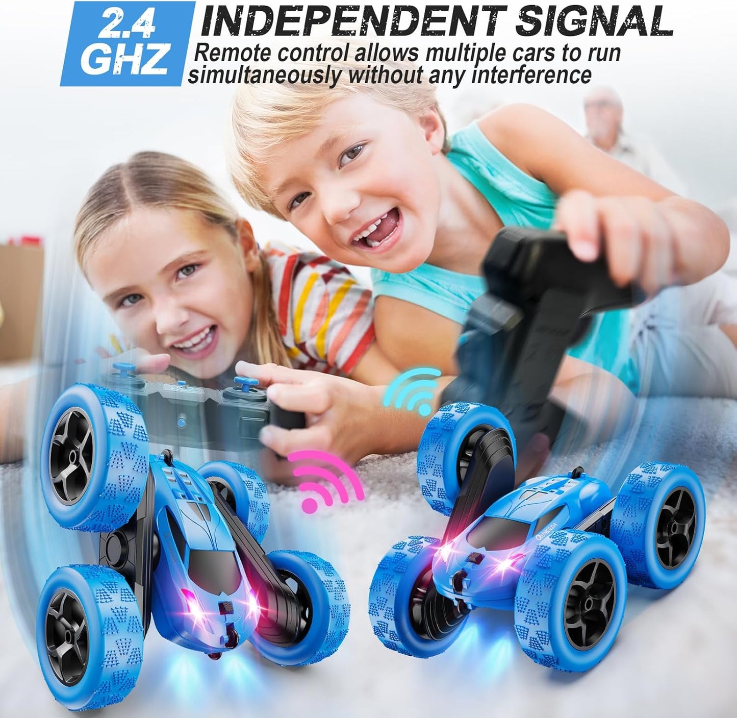 HotQUNREDA Remote Control Car, RC Cars Toys for Kids Ages 6-12, 4WD Stunt Car with LED Lights & 360° Flips, 2.4GHz, Upgraded USB-C Modular Batteries, 8-10 Year Old Boys Birthday Gift 1-Blue