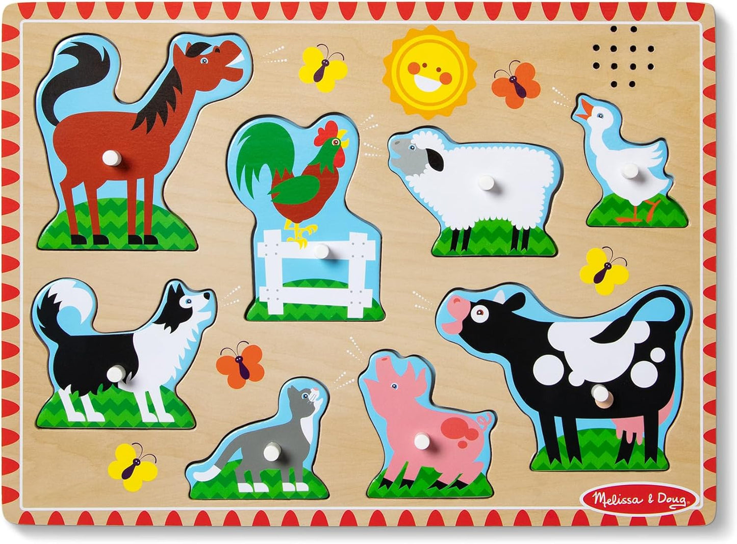 HotMelissa & Doug Farm Animals Sound Puzzle – 8-Piece Wooden Peg Puzzle with Light-Activated Sounds, Music Learning Toy for Toddlers and Preschoolers Ages 2+