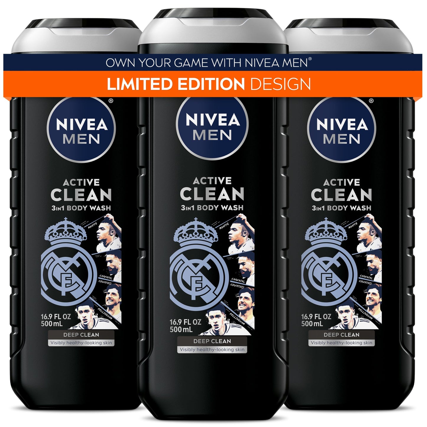 HotNIVEA MEN Real Madrid Limited Edition Design Active Clean Body Wash with Natural Charcoal for Normal to Oily Skin, 3-in-1 Charcoal Body Wash, Face and Hair, 16.9 Fl Oz Bottle, Pack of 3