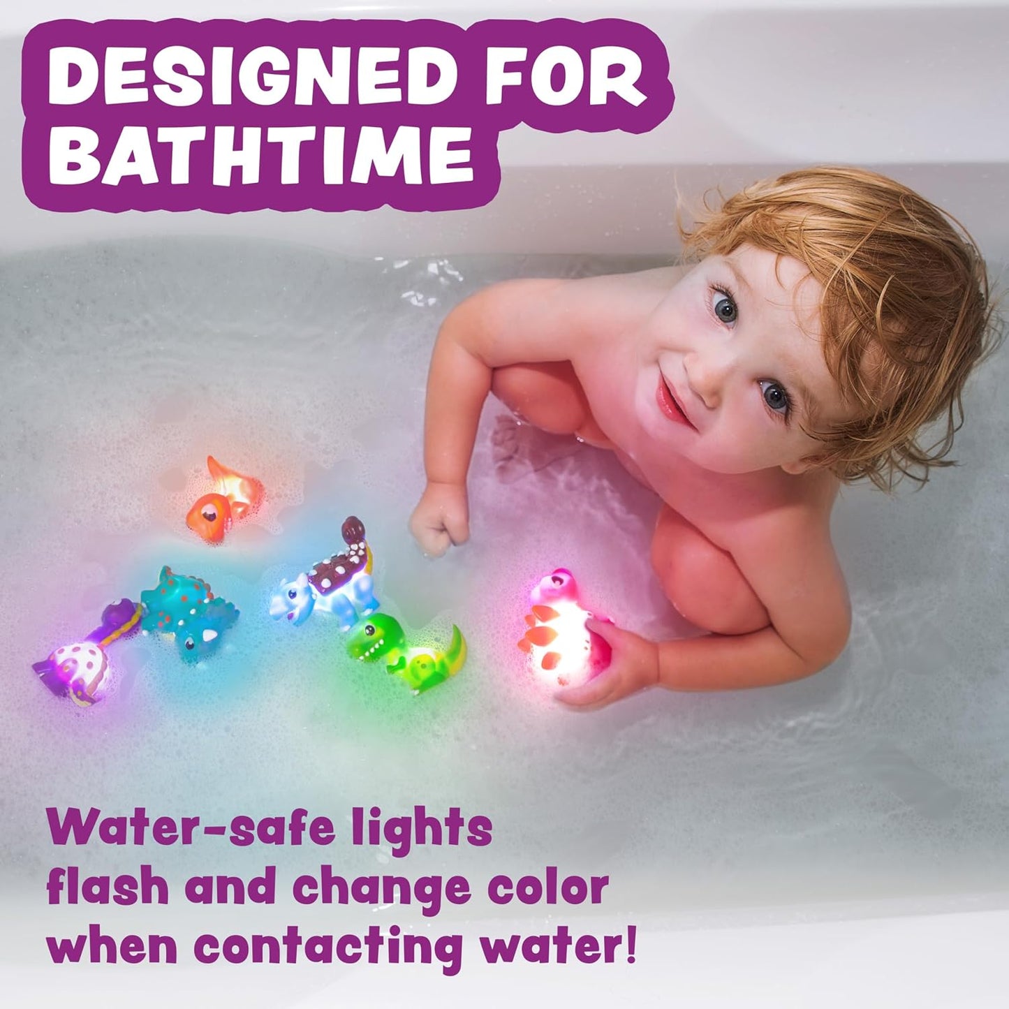 HotTub Works® Dinos™ Dinosaur Light Up Bath Toys, 6 Pack | Water-Activated Light Up Toys Flash & Change Color | Easy-Grip Baby & Toddler Bath Toys | Sensory Bath Lights Watertight Bathtub Toys