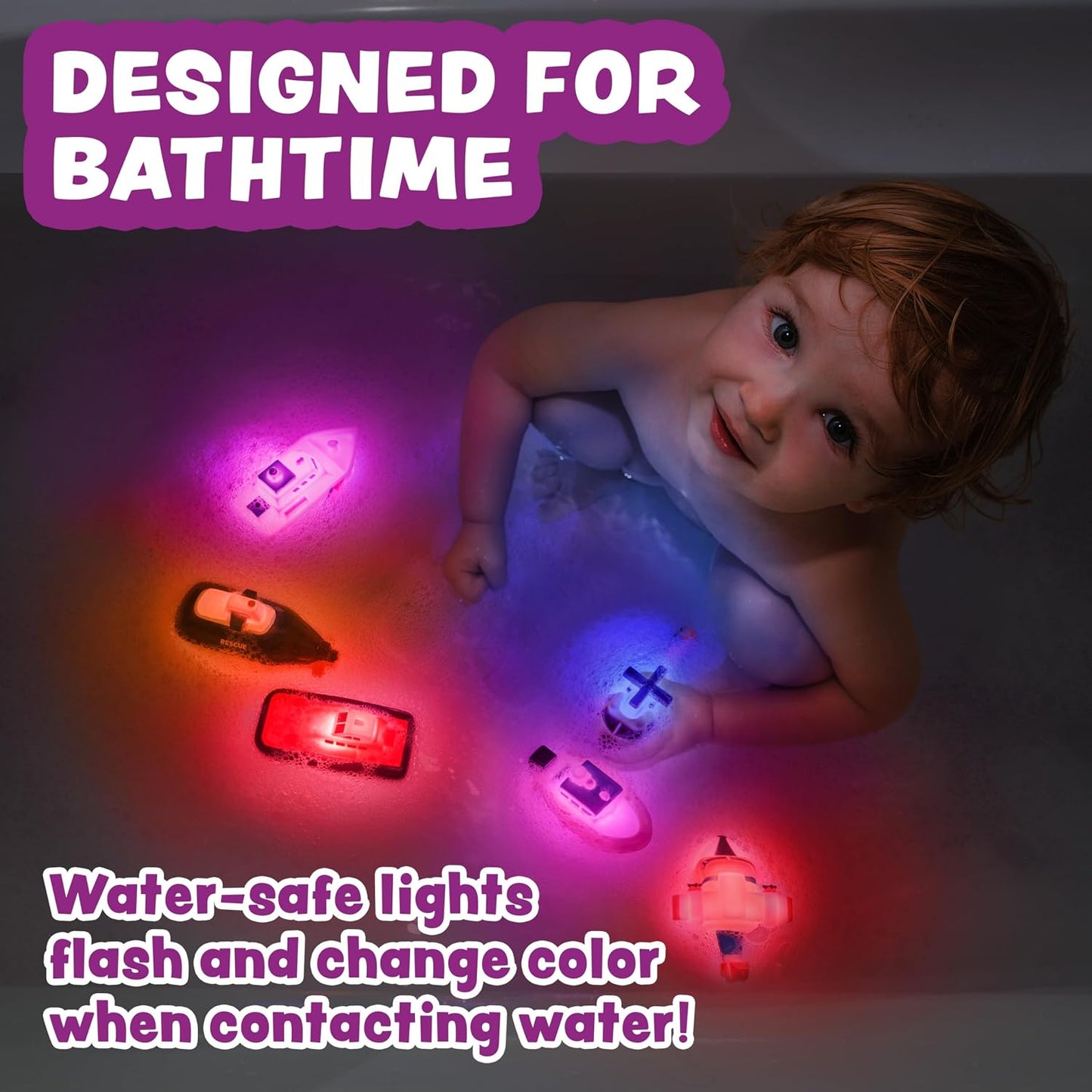 HotTub Works® Ocean Rescue™ Vehicles Light Up Bath Toys, 6 Pack | Water-Activated Light Up Toys Flash & Change Color | Easy-Grip Baby & Toddler Bath Toys | Sensory Toys with Bath Lights for Kids Bath