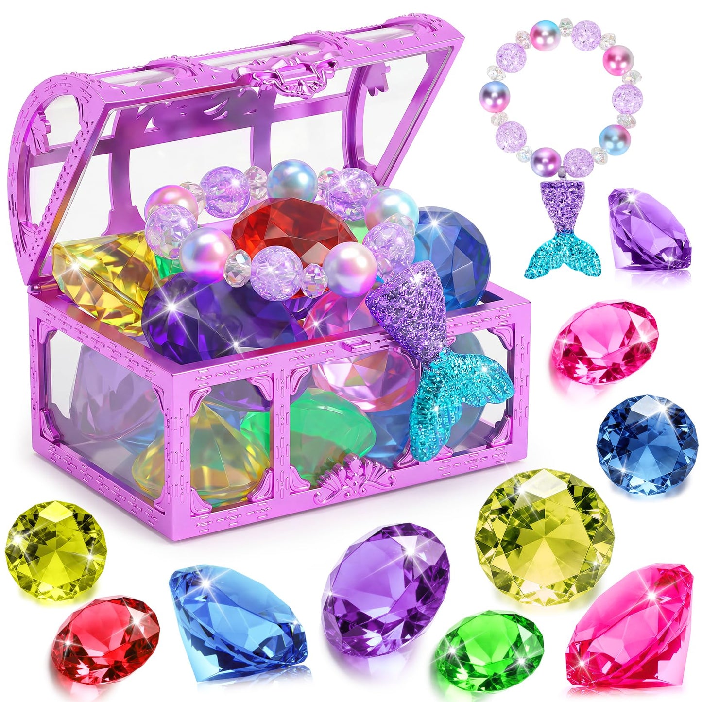 HotVGOFUN Diving Pool Toys for Kids Ages 3-12, 31 Pcs Mermaid Pool Toys, Diving Gem Toys with Pirate Treasure Chest, Summer Underwater Game Toys Swimming Training Gift for Boys Girls with Storage Bag