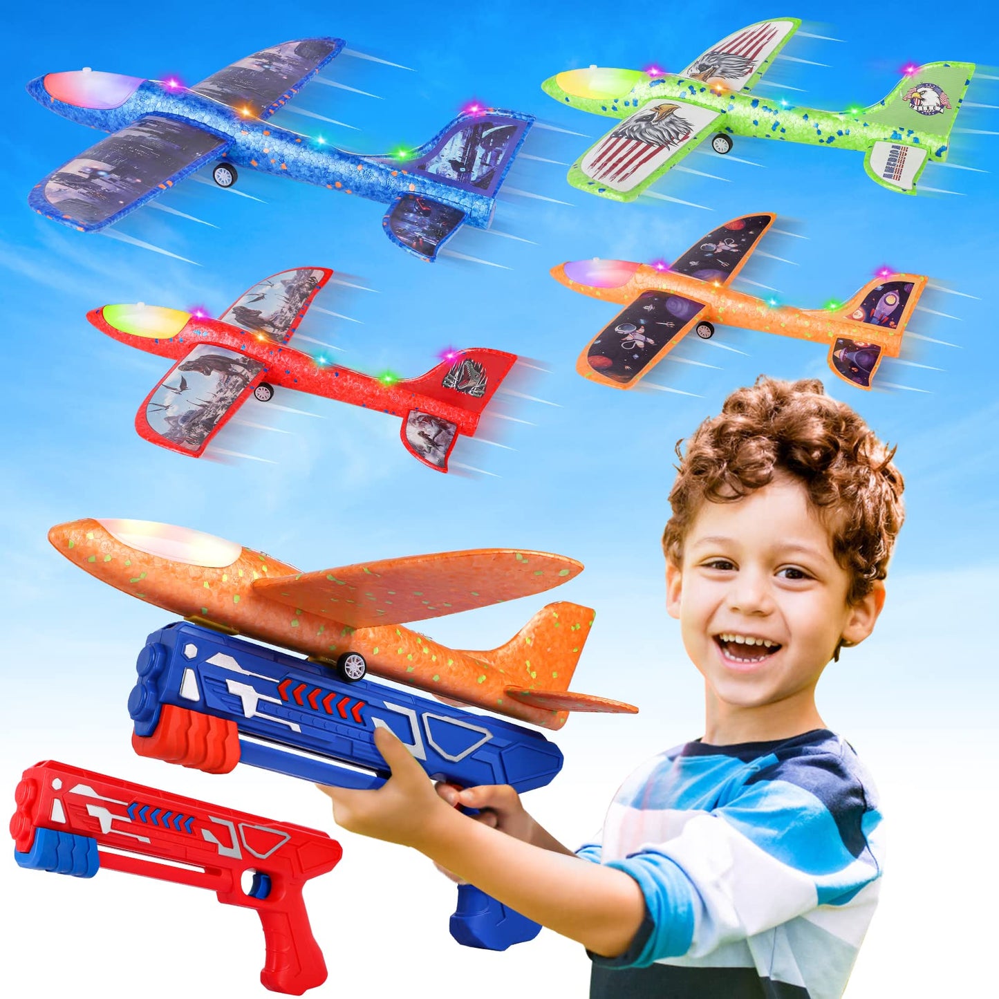 HotFuwidvia 3 Pack Airplane Launcher Toys, 13.2'' LED Foam Glider Plane Toy for Boys, 2 Flight Modes Outdoor Flying Toys Birthday Gifts for Boys Girls 4 5 6 7 8 9 10 11 12 Year Old (Blue&Green&Orange)