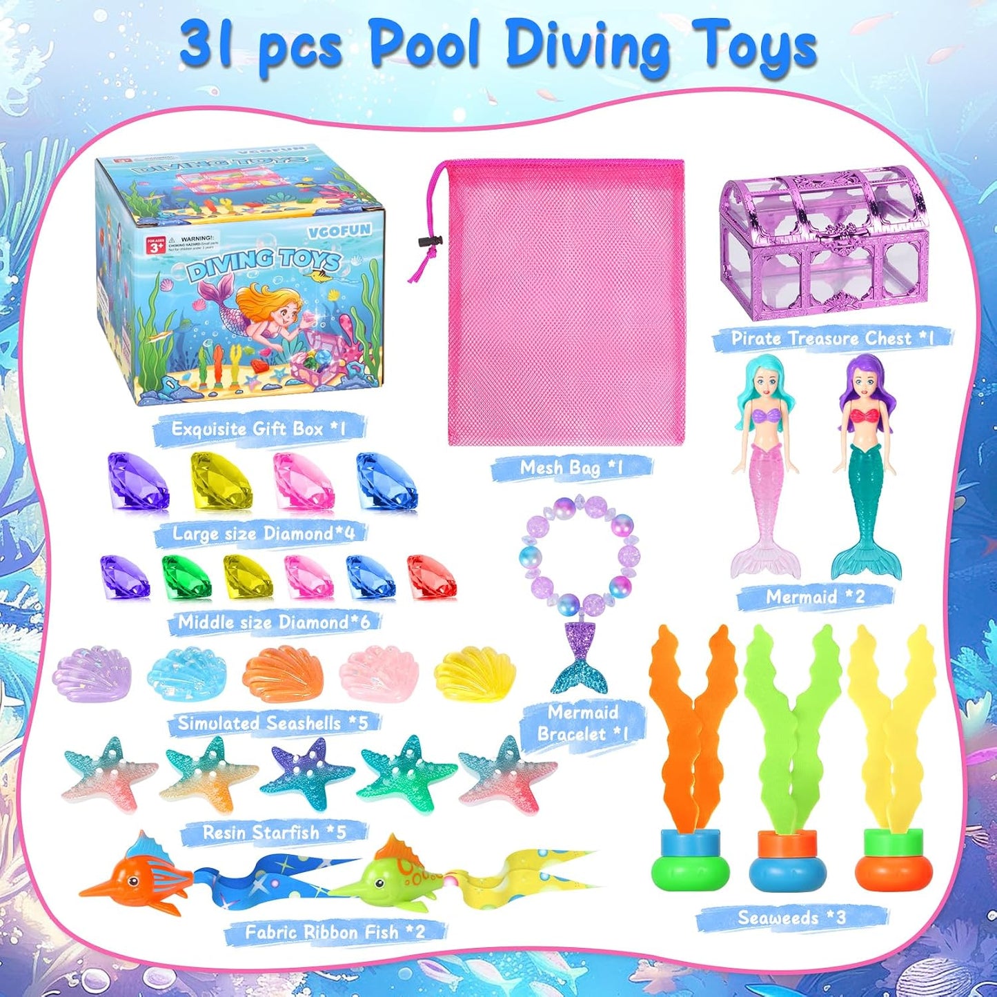 HotVGOFUN Diving Pool Toys for Kids Ages 3-12, 31 Pcs Mermaid Pool Toys, Diving Gem Toys with Pirate Treasure Chest, Summer Underwater Game Toys Swimming Training Gift for Boys Girls with Storage Bag