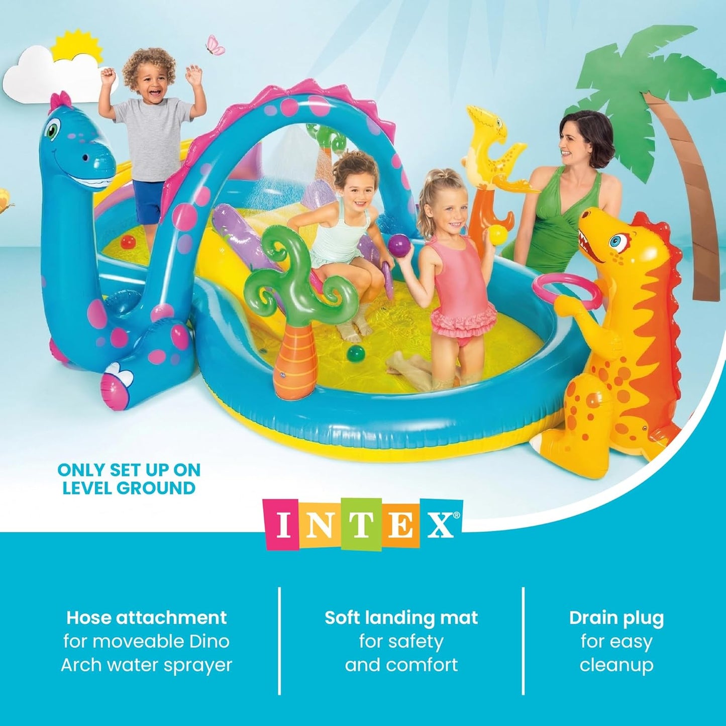 Hot INTEX Dinoland Inflatable Kiddie Pool: Inflatable Kids Pool with Water Sprayer and Slide – Splash Pad – 119" x 90" x 44" – Ages 3+