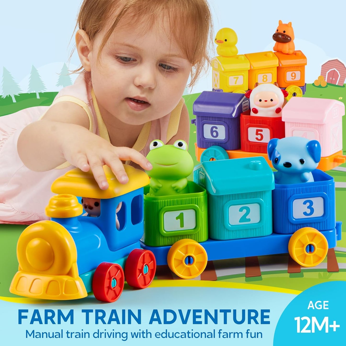 HotPlay-Act Learning Toy for Toddlers 1 2 3 Years Old, Counting, Matching & Sorting Montessori Learning Farm Train Including 9 Farm Animals, Birthday Gift for Baby Boys Girls