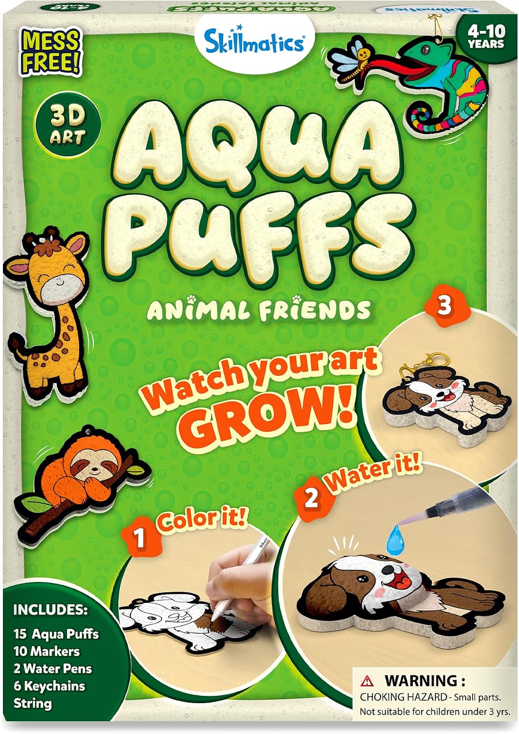 HotSkillmatics Aqua Puffs 3D Art Kit – Animals, Mess-Free Paint by Number Kit | DIY Keychains, Color Activity, Screen-Free Entertainment, Travel & Creative Gift for Girls & Boys Ages 4, 5, 6, 7, 8, 9, 10
