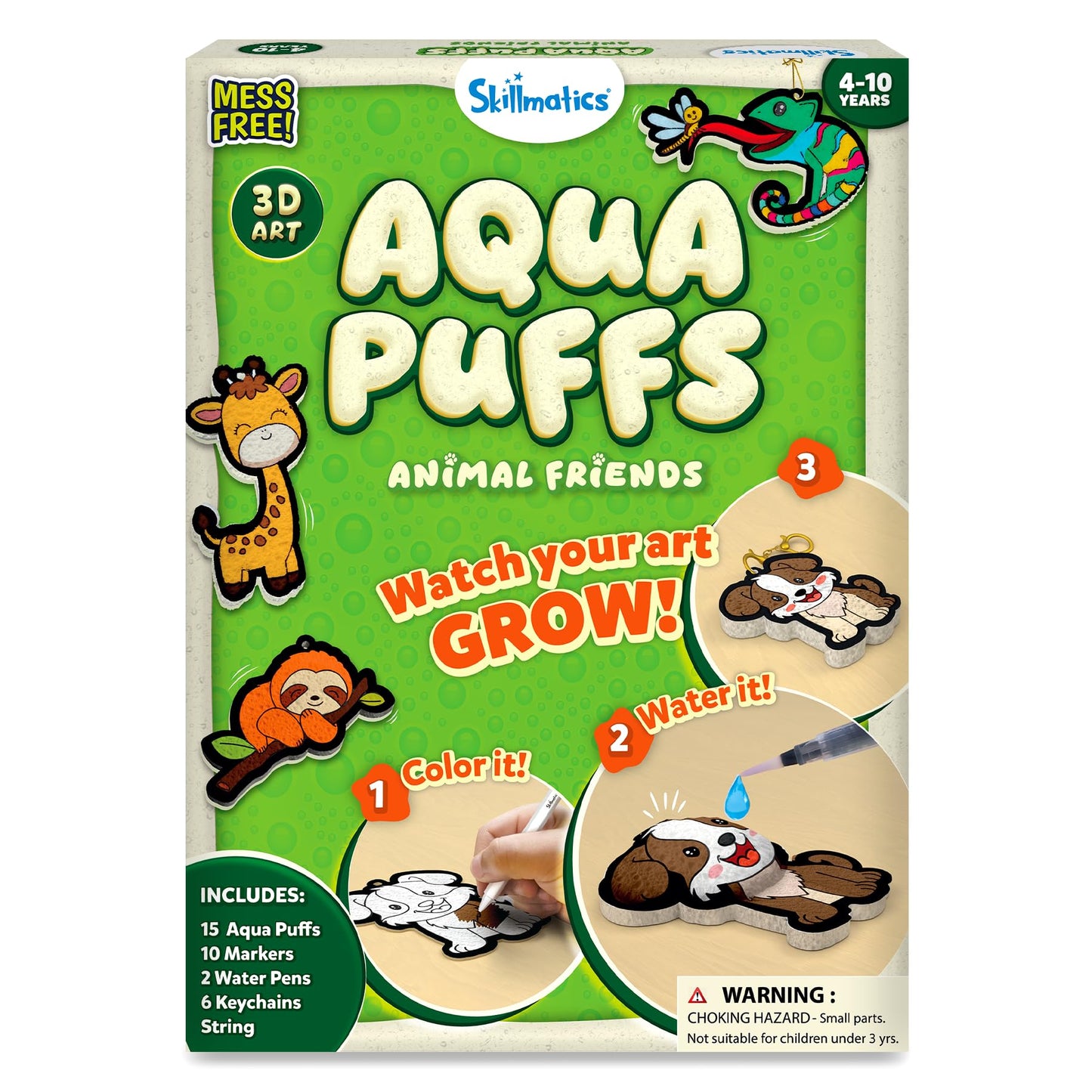 HotSkillmatics Aqua Puffs 3D Art Kit – Animals, Mess-Free Paint by Number Kit | DIY Keychains, Color Activity, Screen-Free Entertainment, Travel & Creative Gift for Girls & Boys Ages 4, 5, 6, 7, 8, 9, 10