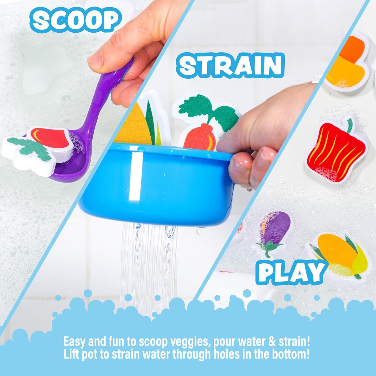 HotTub Works® Tub Soup™ Scoop, Strain & Play Toddler Bath Toy | Floating Foam Veggies, Ladle for Scooping & Soup Pot for Straining | Pretend Play Cooking Kids Bath Toys | Creative Bathtub Toys