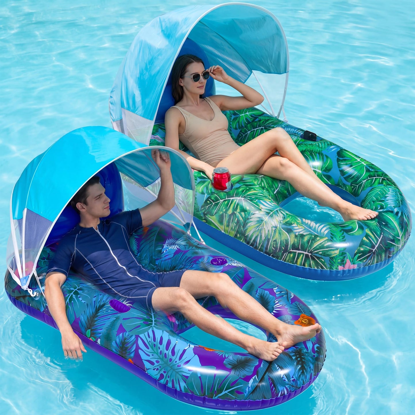 HotFindUWill Pool Floats Chairs Adult - 2 Pack 65'' x 42'' Large Pool Float Chairs, Inflatable Pool Lounger with Cup Phone Holder, Backrest, Footrest, Tanning Pool Lounge